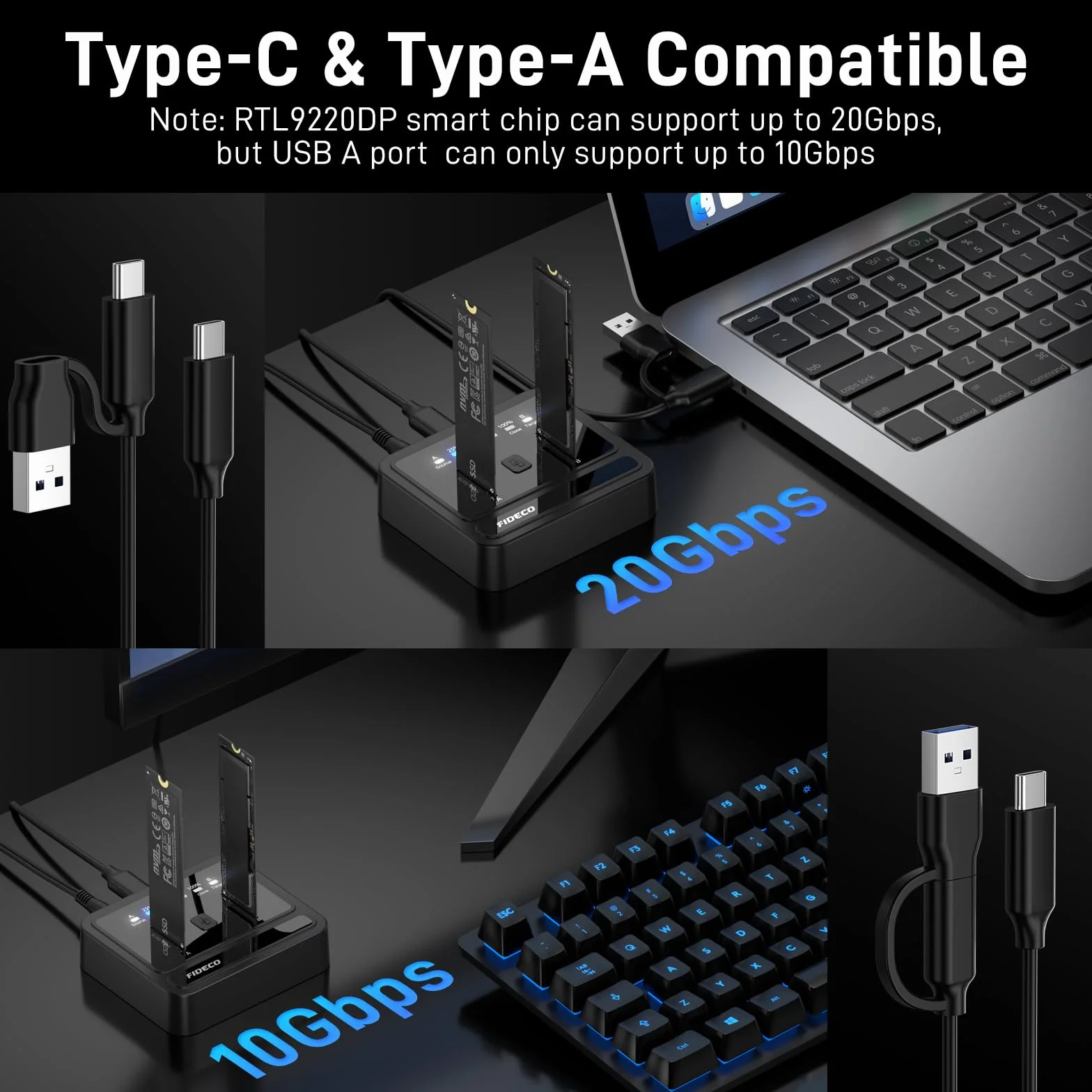 FIDECO M.2 NVMe SATA SSD Cloner Dock, USB 3.2 Gen 2 X 2, 20 Gb/s M.2 NVMe Cloner Duplicator, obsługa klonu offline, UASP i wykończenia, czarna