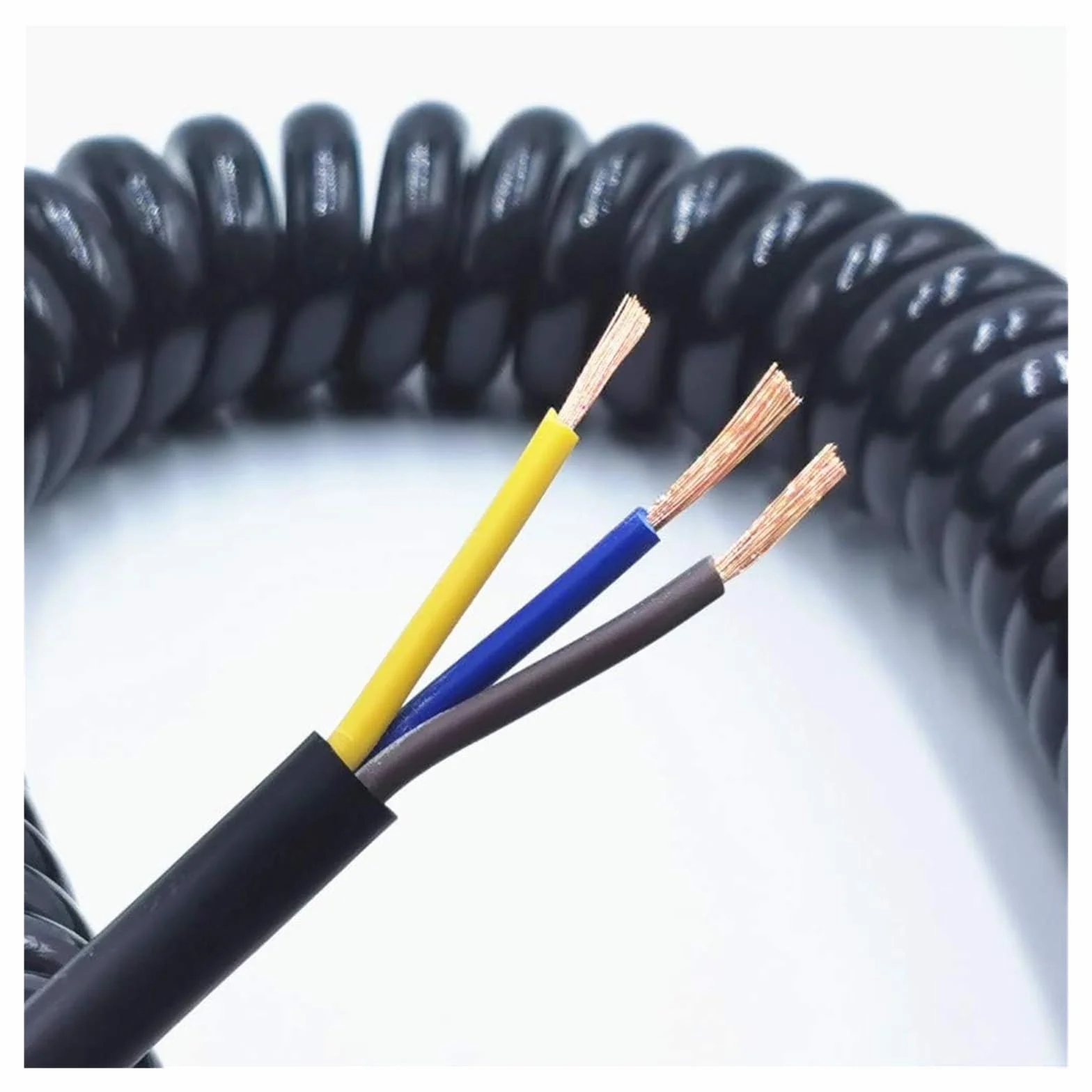 Kabel sprężynowy, Przewód sprężynowy 3-żyłowy, spiralny przewód elektryczny, czarny przewód zasilający, rozciągliwy przewód, 0,5 kwadratu 2,5 m 5 m 7,5 m,