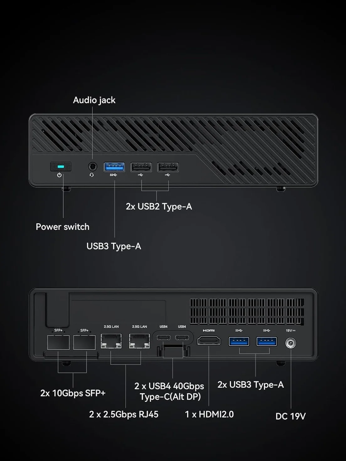 MINISFORUM MS-01 Mini Workstation, Intel Core i9-13900H (14 C/20 T, do 5,4 GHz), 64 GB DDR5, Dysk SSD 1 TB, Intel vPro, 2× SFP+ 10 Gb/s, 2× RJ45 2,5G, 2× USB4, HDMI, PCIe 4.0 x16, 3× Dysk SSD M.2/U.2