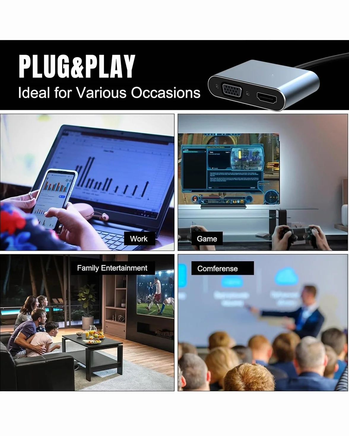 Adapter USB C do HDMI VGA 4K@30Hz - Wieloportowy 4 w 1 z Portem USB 3.0, Ładowaniem PD 100W - Kompatybilny z MacBook, Chromebook, HDTV