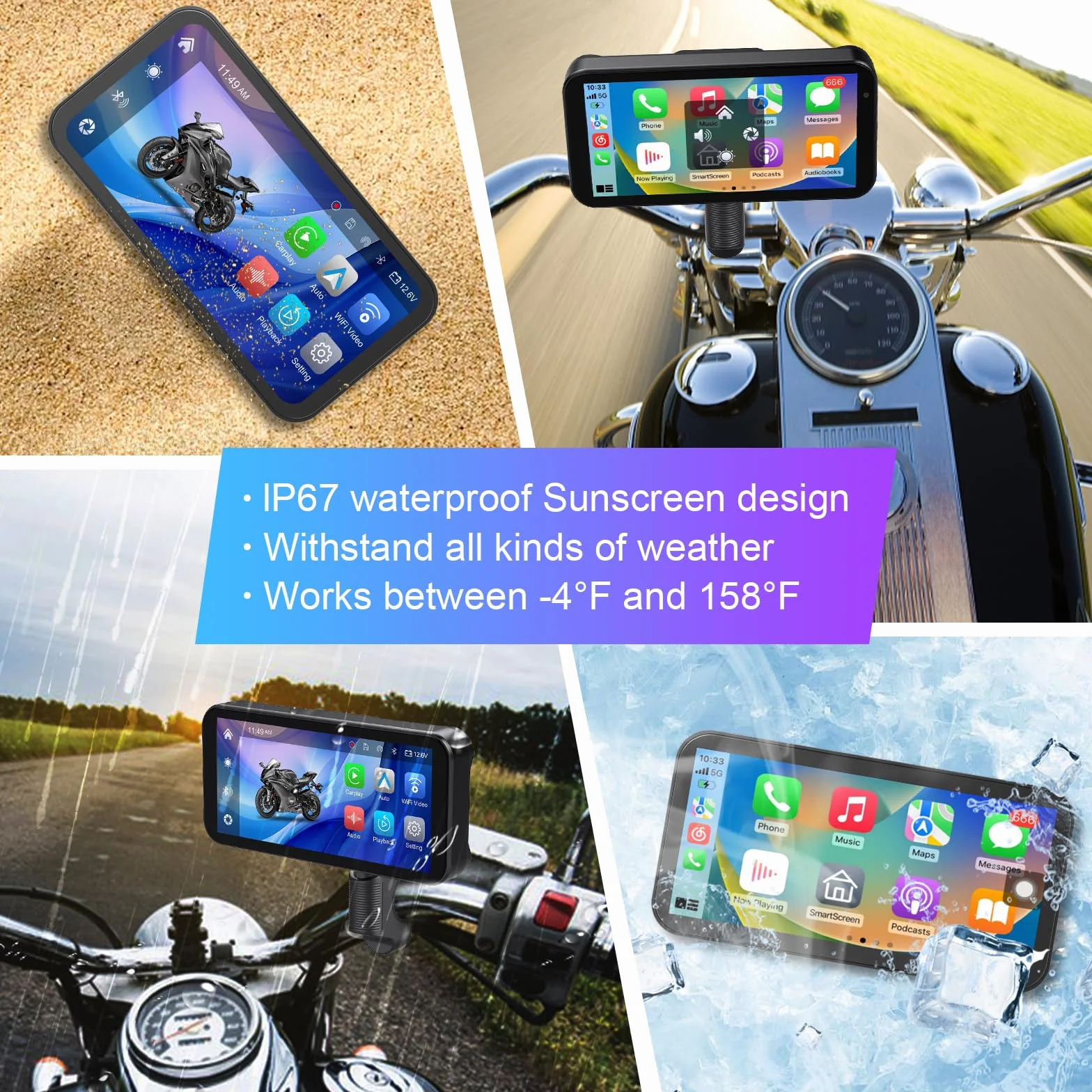 Przenośny rejestrator motocyklowy, 15.9 cm bezprzewodowy ekran dotykowy CarPlay i Android Auto z kamerą samochodową 1080P HD z przodu i z tyłu, podwójny Bluetooth, karta TF 128 GB
