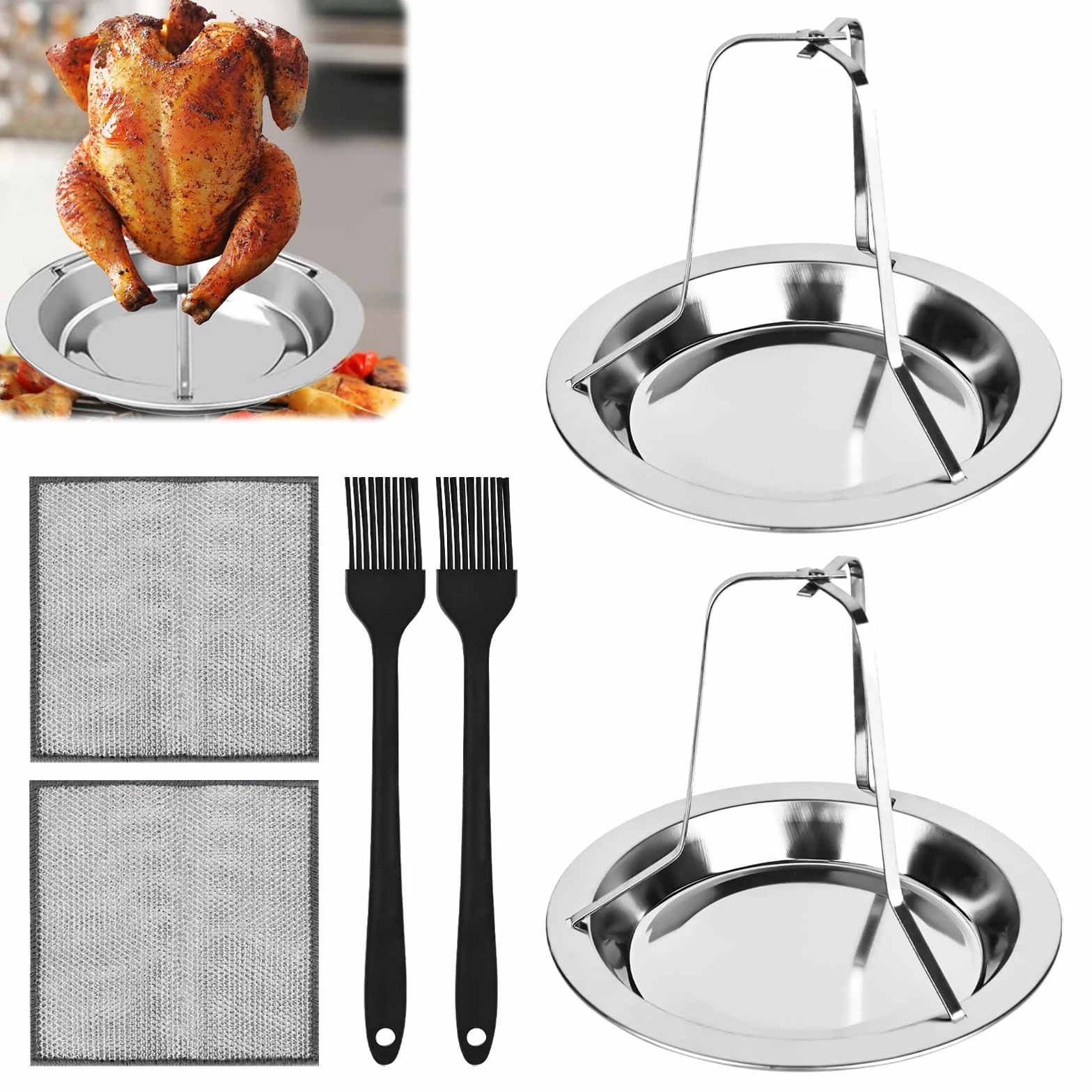 Pojemnik do pieczenia kurczaka ze stali nierdzewnej, pionowy stojak, uchwyt, zestaw 2 sztuki z grillem