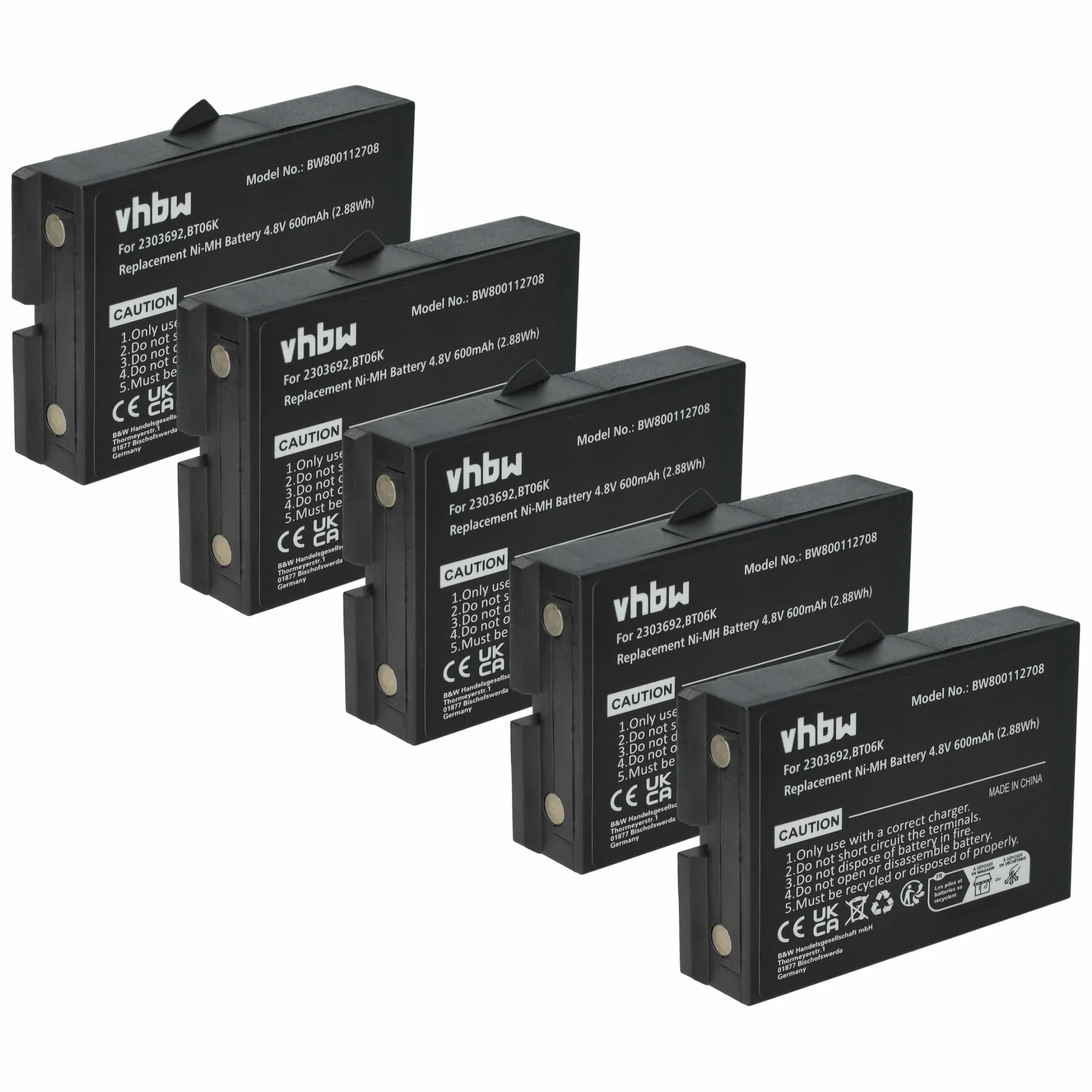 vhbw Akumulator 5X zastępuje Ikusi BT06K, 2303692 do pilota przemysłowego (600 mAh, 4,8 V, NiMH) - Czarny