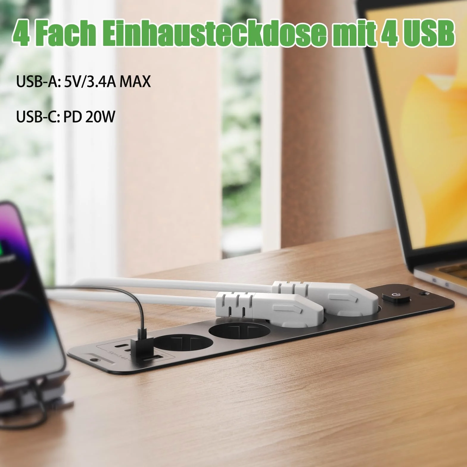 Listwa zasilająca z 4 gniazdami wtykowymi do zabudowy, z 4 gniazdami USB, gniazdko stołowe z 2 USB C, blat stołu, wpuszczane gniazdko elektryczne, kabel 3 m, kolor czarny