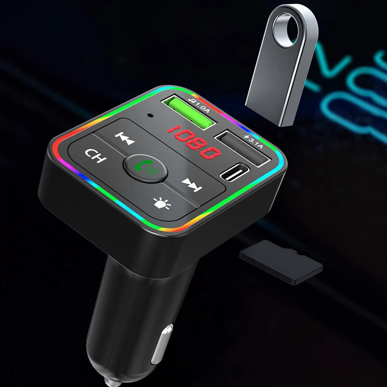 Nadajnik FM Bluetooth do Samochodu, Nadajnik FM do Samochodu Bluetooth 5.0 z ładowarką Samochodową, Zestaw Głośnomówiący, Adapter Radiowy Bluetooth, z Wyświetlaczem LED