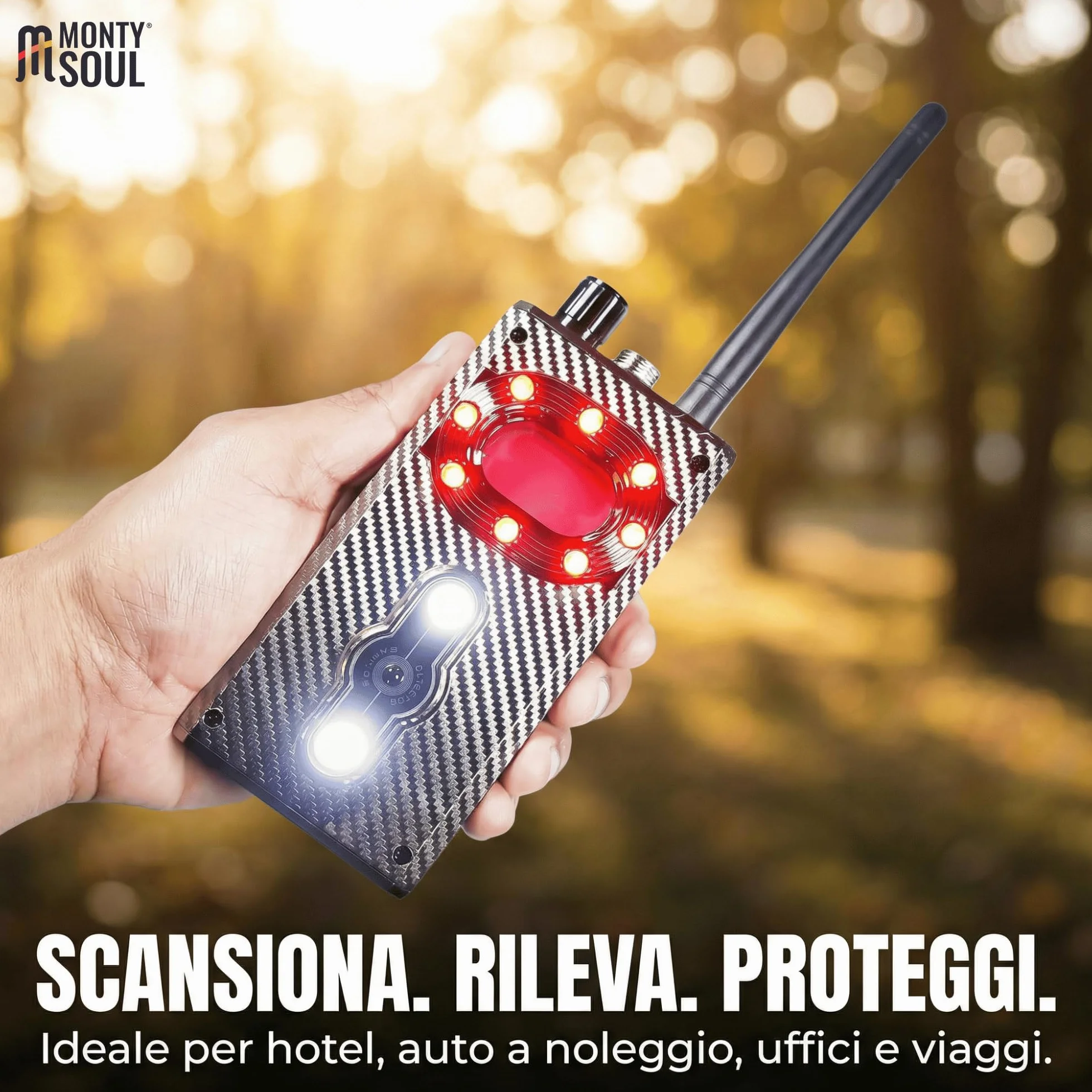 Profesjonalny wykrywacz mikroszpiegów i kamer ukrytych, osłabionych mikrofonów, niewidocznych kamer i lokalizatorów GPS w samochodzie lub w WYNAJEM, nawet w hotelach i w podróży (M99)