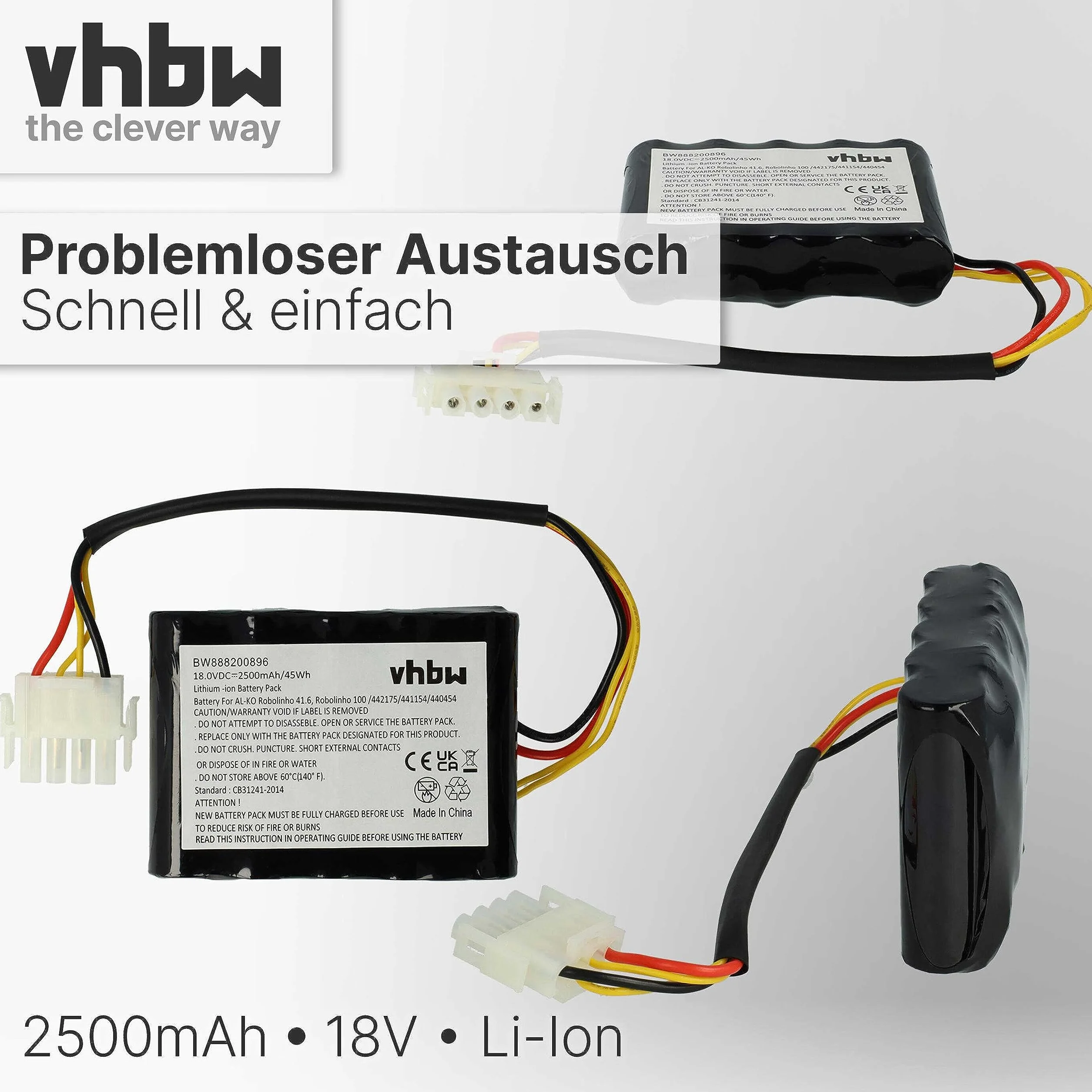 vhbw 1 x akumulator kompatybilny z AL-KO Robolinho 300 E, 450 W, 350 W, 520 W kosiarka do trawy 2500 mAh 18 V litowo-jonowa