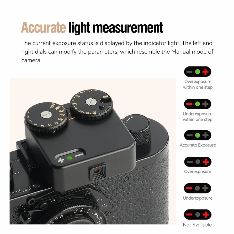 TTArtisan Light Meter dwa cyferblaty, miernik oświetlenia, do fotografii, kompatybilny z różnymi aparatami (mosiądz czarny)