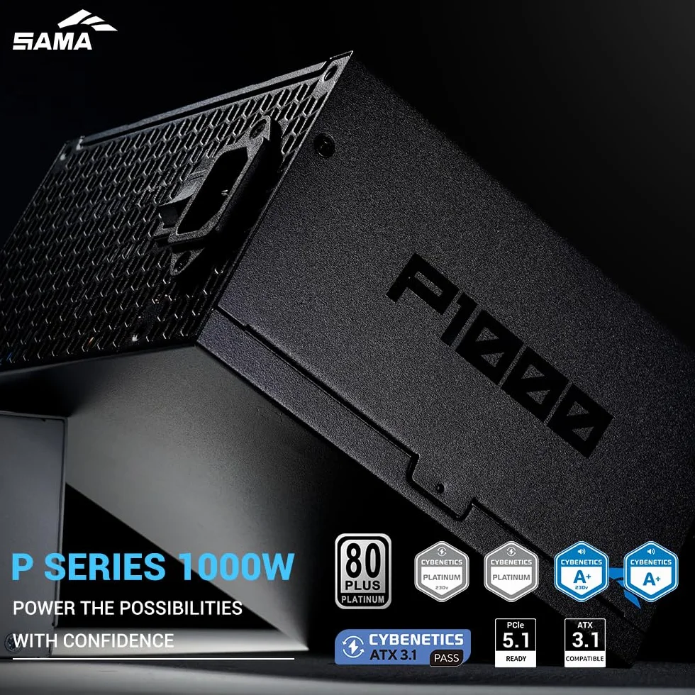 Zasilacz SAMA P1000 1000W Platinum, ATX 3.1, w pełni modularny, czarny | PCIe 5.1, certyfikat 80 Plus Platinum i Cybenetics, japońskie kondensatory, ultra-cichy wentylator 140 mm FDB