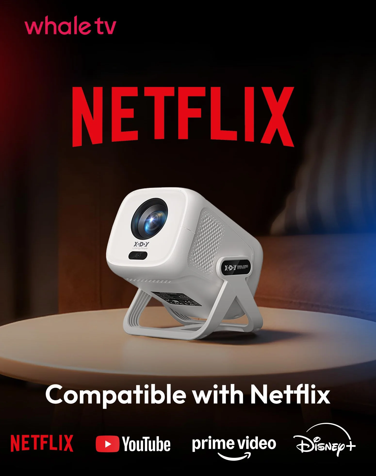 XGODY Certyfikowany Netflix i elektryczne ustawianie ostrości: projektor Gimbal N5 1080P, mini projektor z WiFi i Bluetooth, przenośny projektor z uchwytem obrotowym 230°, automatyczna korekcja
