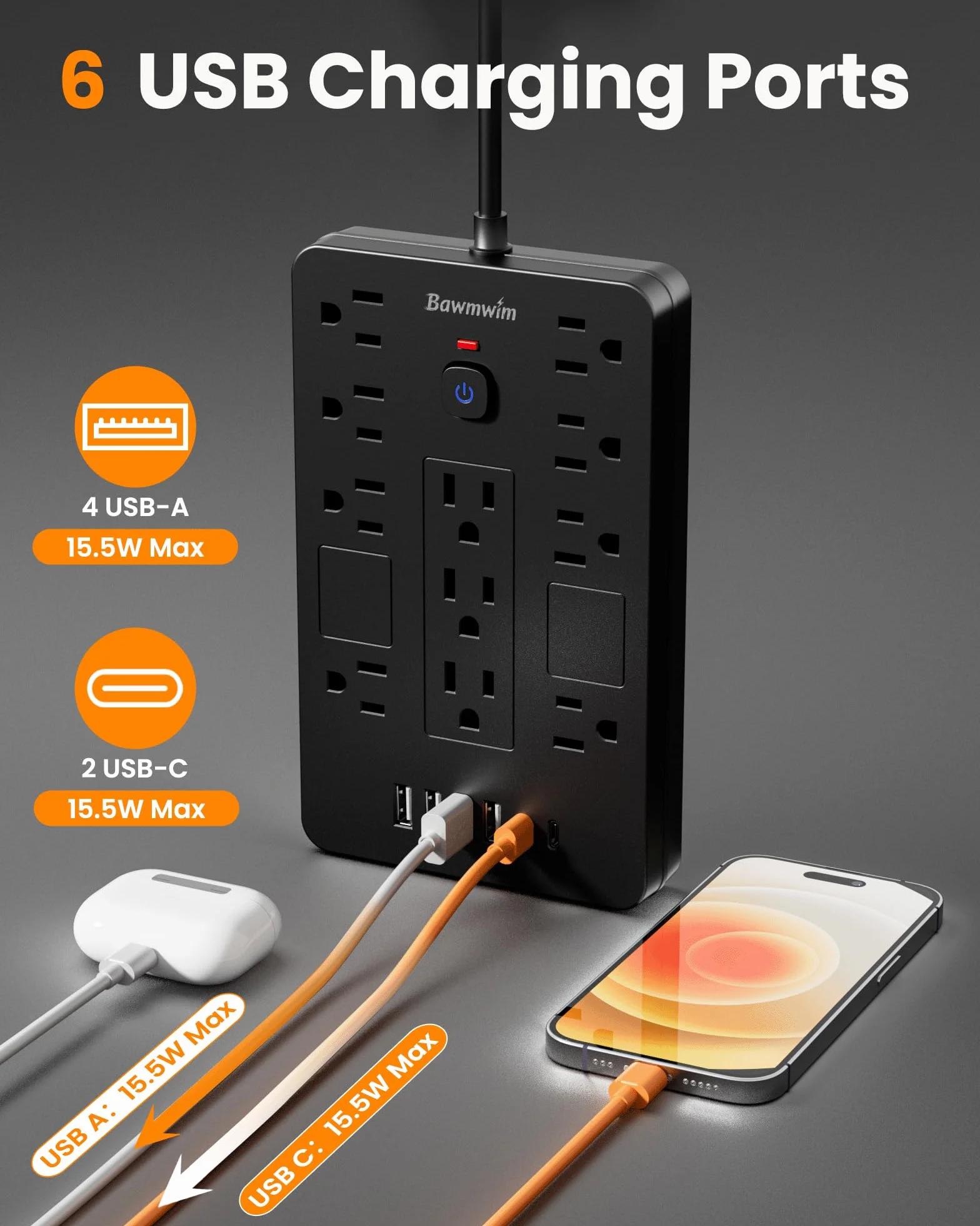 Listwa zasilająca z ochroną przeciwprzepięciową, 11 gniazd (1850 W/15 A) z 6 portami USB (2 USB C), płaski kabel przedłużający 1,8 m, do montażu na ścianie, czarna