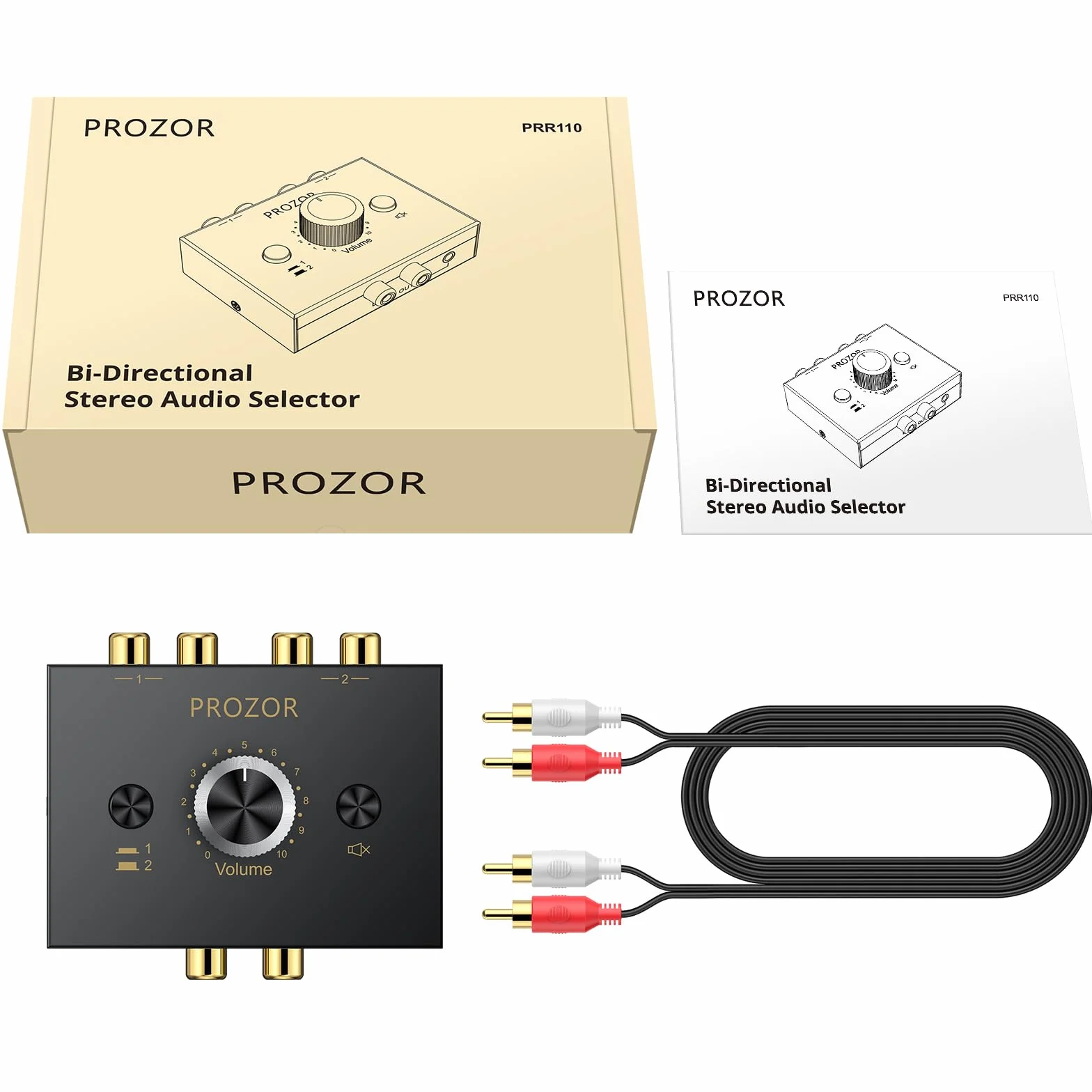 PROZOR Przełącznik audio stereo 3,5 mm i RCA – 2 (1)-In-1 (2)-Out rozdzielacz AUX L/R RCA dwukierunkowy przełącznik selektora, regulacja głośności i przycisk wyciszenia, pasywny konwerter do głośników