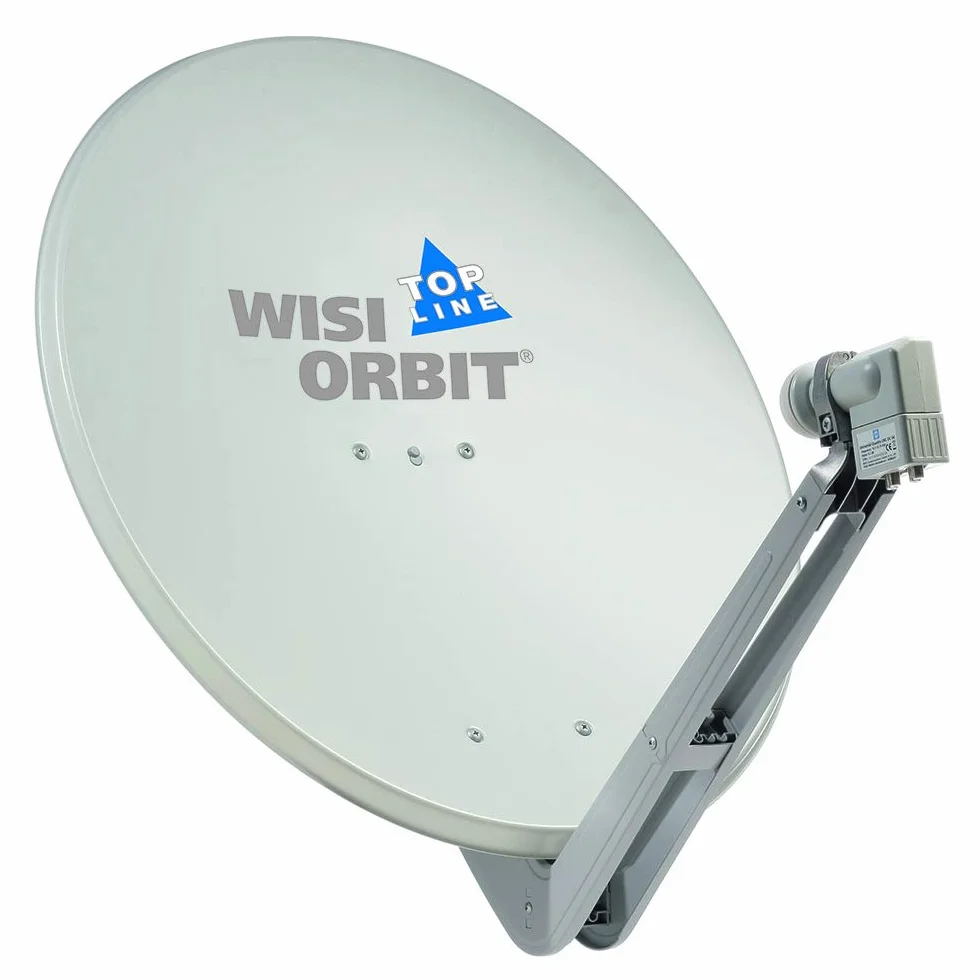 WISI Orbit Topline antena offsetowa OA85G w kolorze jasnoszarym – 85 cm reflektor z aluminium z 40 mm uchwytem LNB, podnoszonym i obejmami maszowymi – kompletna antena satelitarna z akcesoriami montażowymi