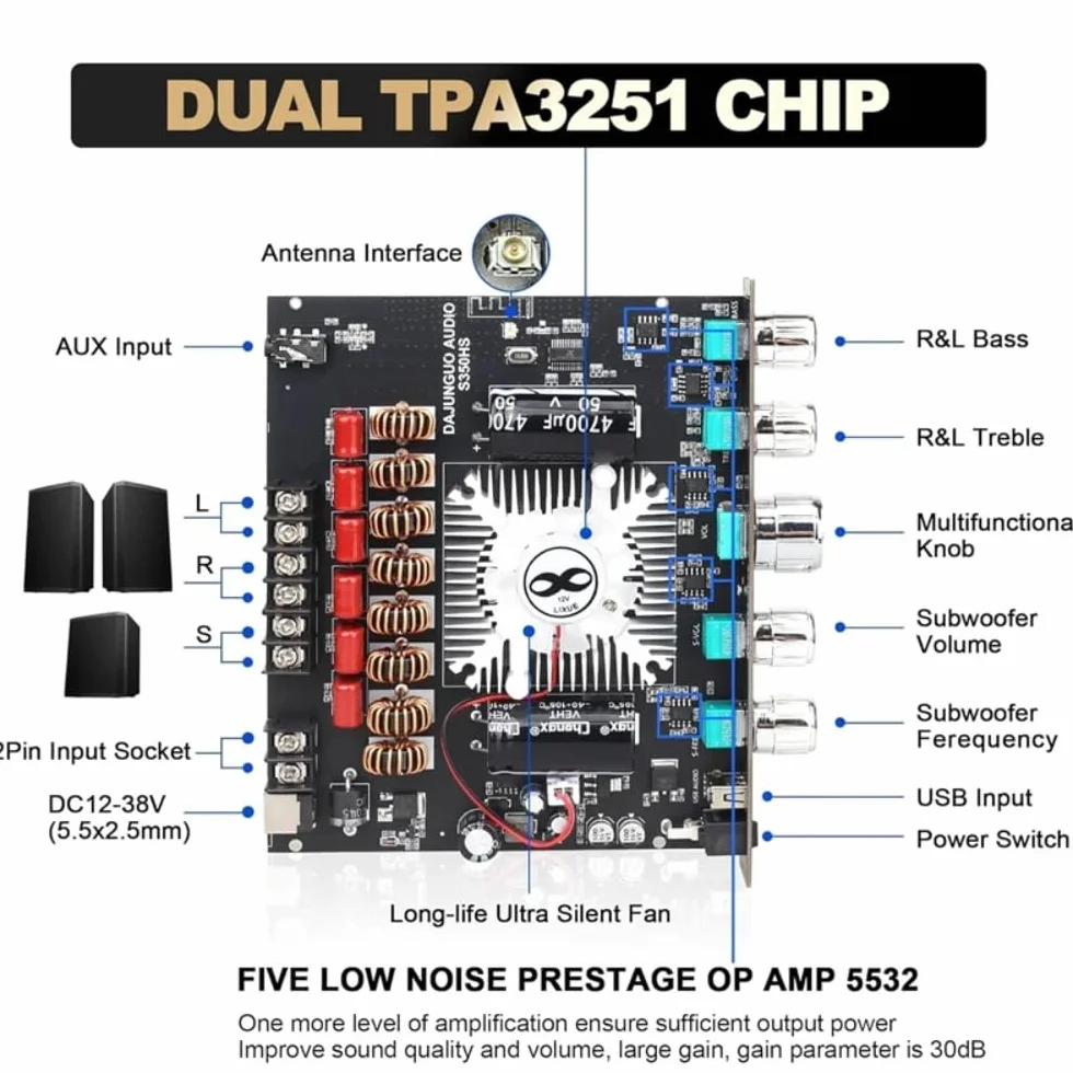 DollaTek P?yta wzmacniacza Bluetooth 220W × 2+350W 12V-38V Modu? wzmacniacza mocy audio Kompatybilny ze sterowaniem aplikacj? Kompatybilny z USB Bluetooth Wej?cia AUX 3,5 mm