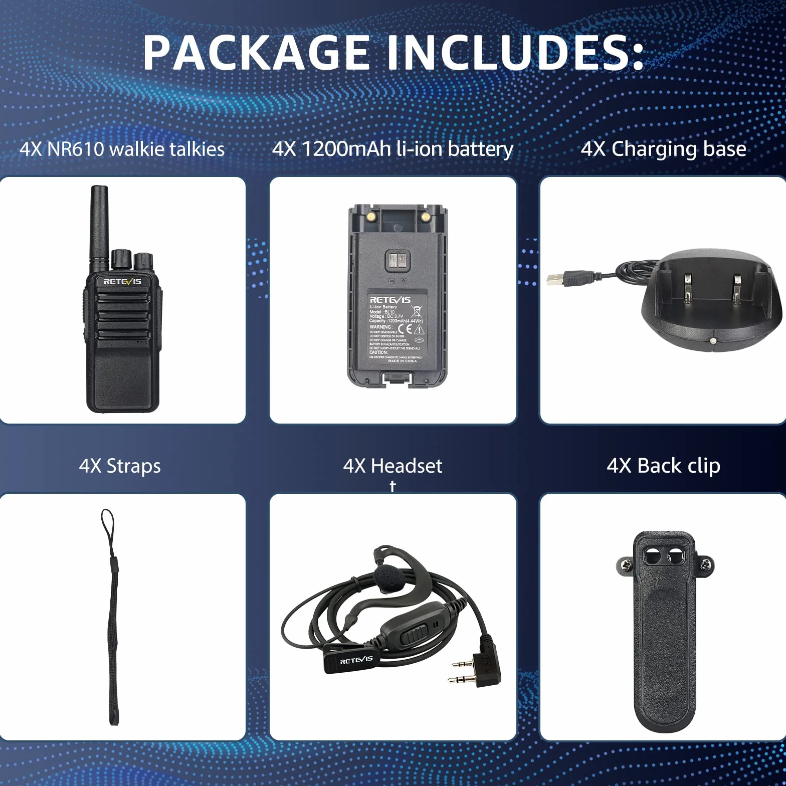 Retevis NR610 Walkie Talkie, Redukcja Szumów AI, Ręczne Walkie Talkie ze Słuchawkami, PMR446 VOX, 1200mAh USB-C Akumulator Krótkofalówki dla Dorosłych, Restauracja, Bezpieczeństwo (4 Sztuki, Czarny)