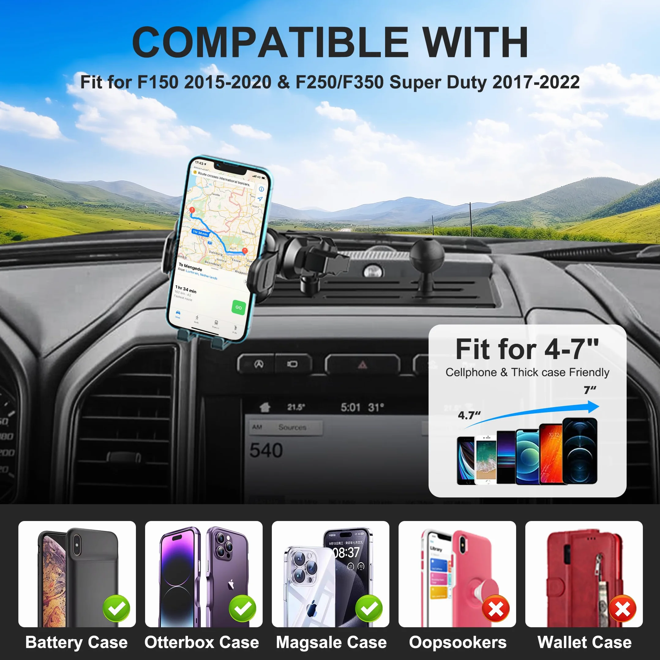 Surfcabin Uchwyt na telefon do deski rozdzielczej do 2015-2020 F150 2017-2022 F250 F350 metalowy uchwyt montażowy do większości telefonów komórkowych
