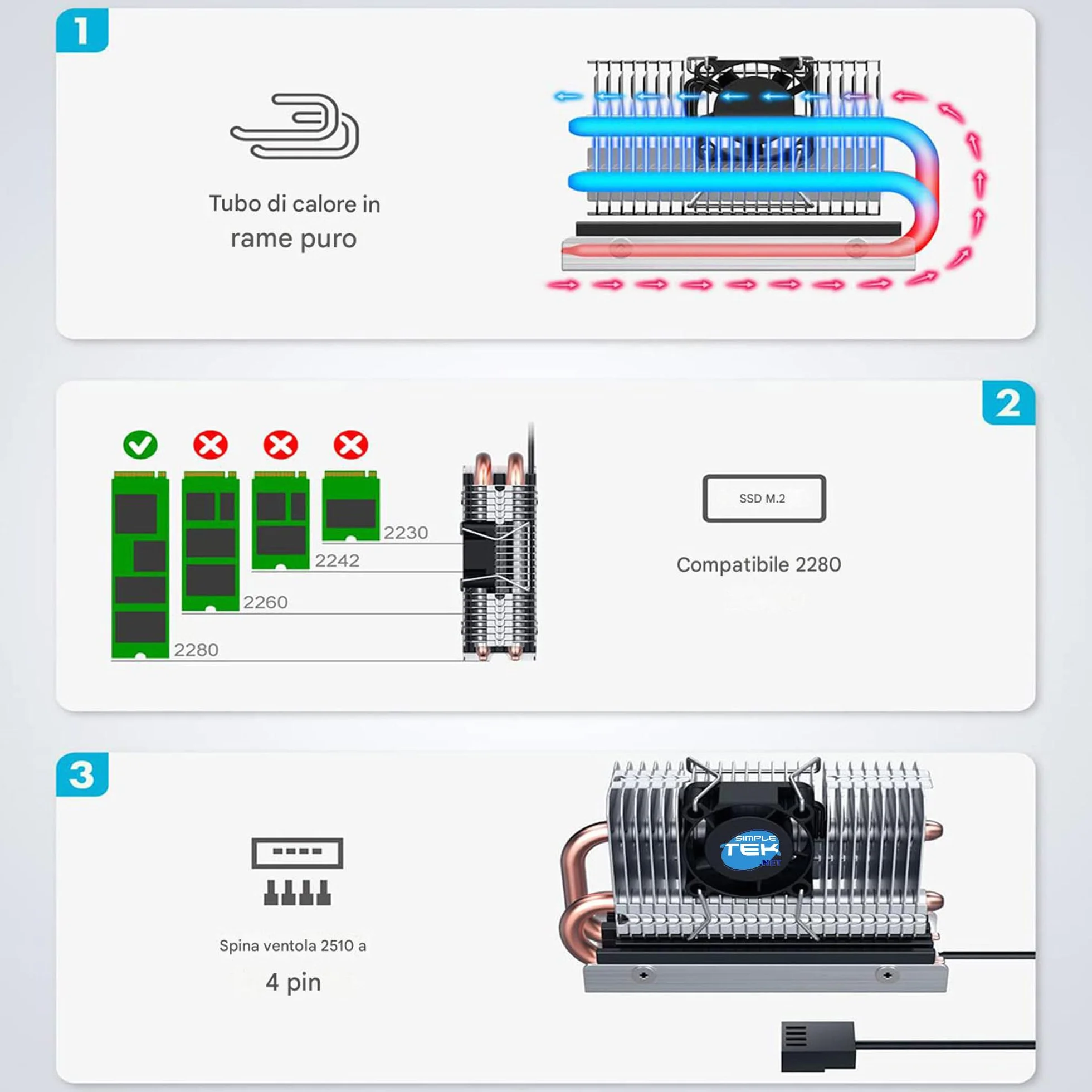 SIMPLETEK Aktywny radiator z wentylatorem do SSD M.2 2280 NVME / SATA – model G-M2HP04-F z rurą grzewczą i sterowaniem PWM
