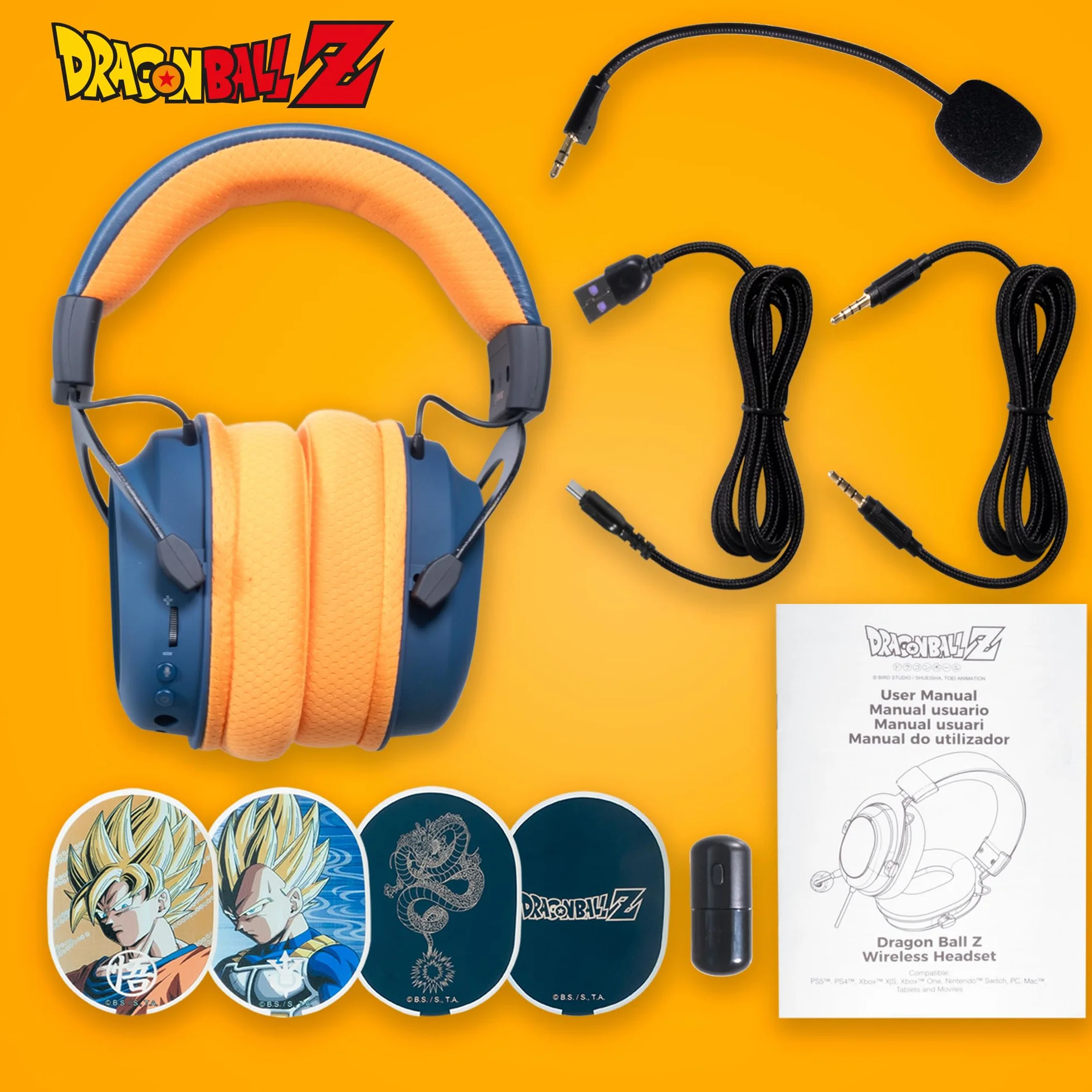 Blade Bezprzewodowy zestaw słuchawkowy do gier Dragon Ball Z Trimodo, Bluetooth 2.4GHz i kabel 3.5mm, wymienne płytki magnetyczne, światło LED RGB, bezprzewodowe słuchawki Dragon Ball