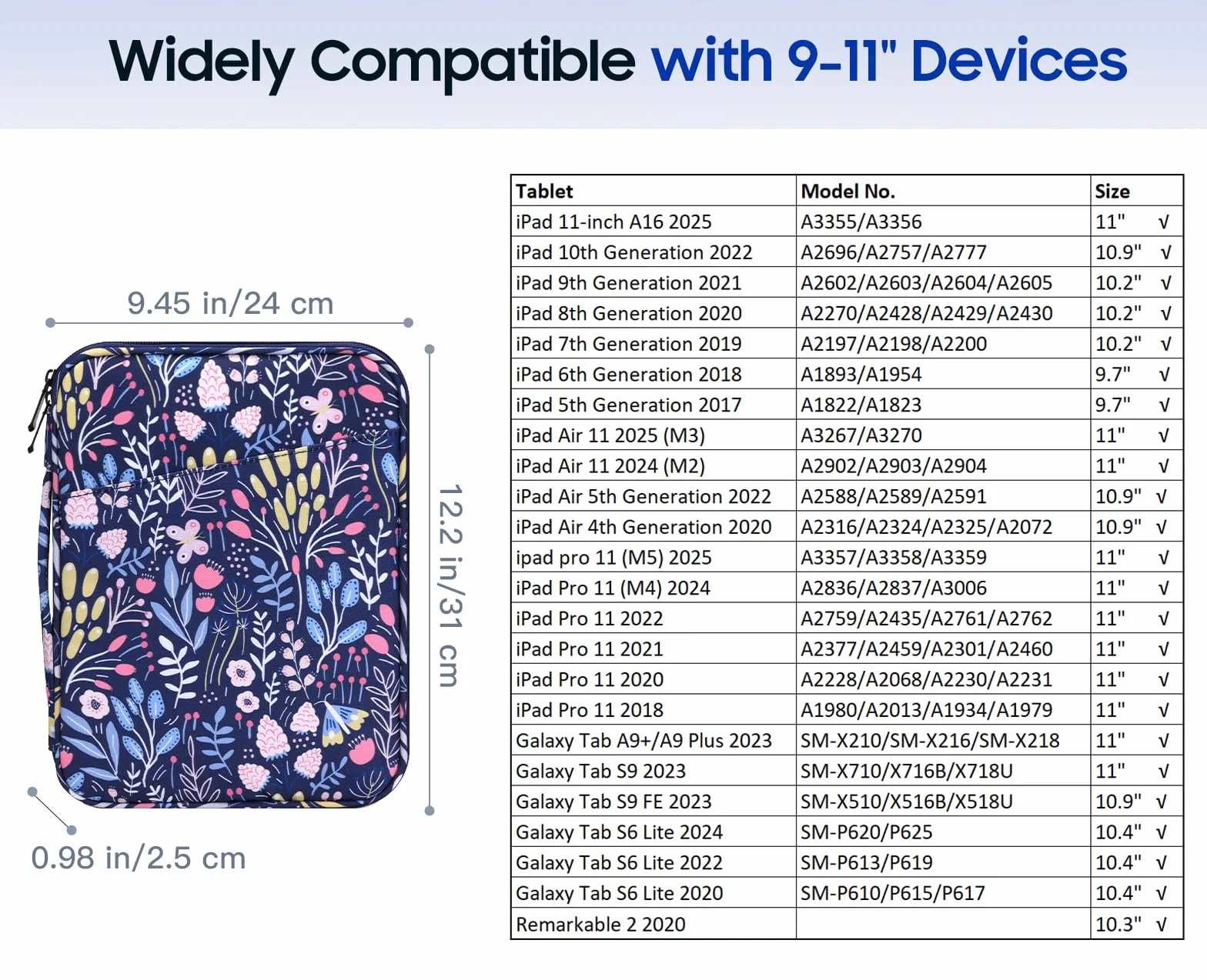 TiMOVO 9-11" Tablet Sleeve for iPad A16 & Galaxy Tab, Flowers | Protective Bag with Pockets, Fits iPad 10.9"/10.2" Air 11" 5th/4th Gen, Galaxy Tab A9+/A11+ 11"