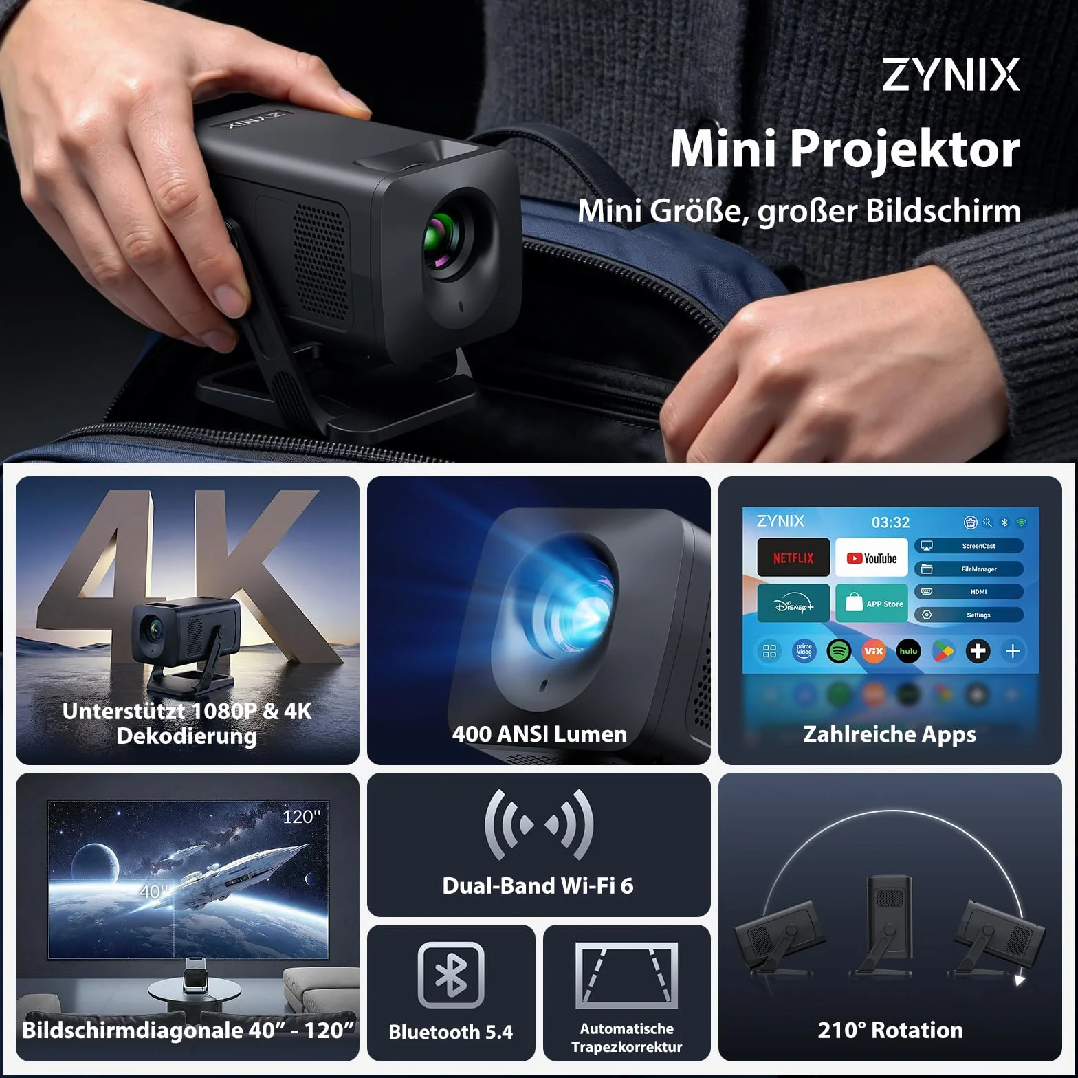 ZYNIX Inteligentny mini projektor z systemem Android 14, obsługuje 4K i 1080P, projektor WiFi 6 i Bluetooth 5.4, Auto Keystone i obrót o 270° do kina domowego, gier i na zewnątrz, NIX500