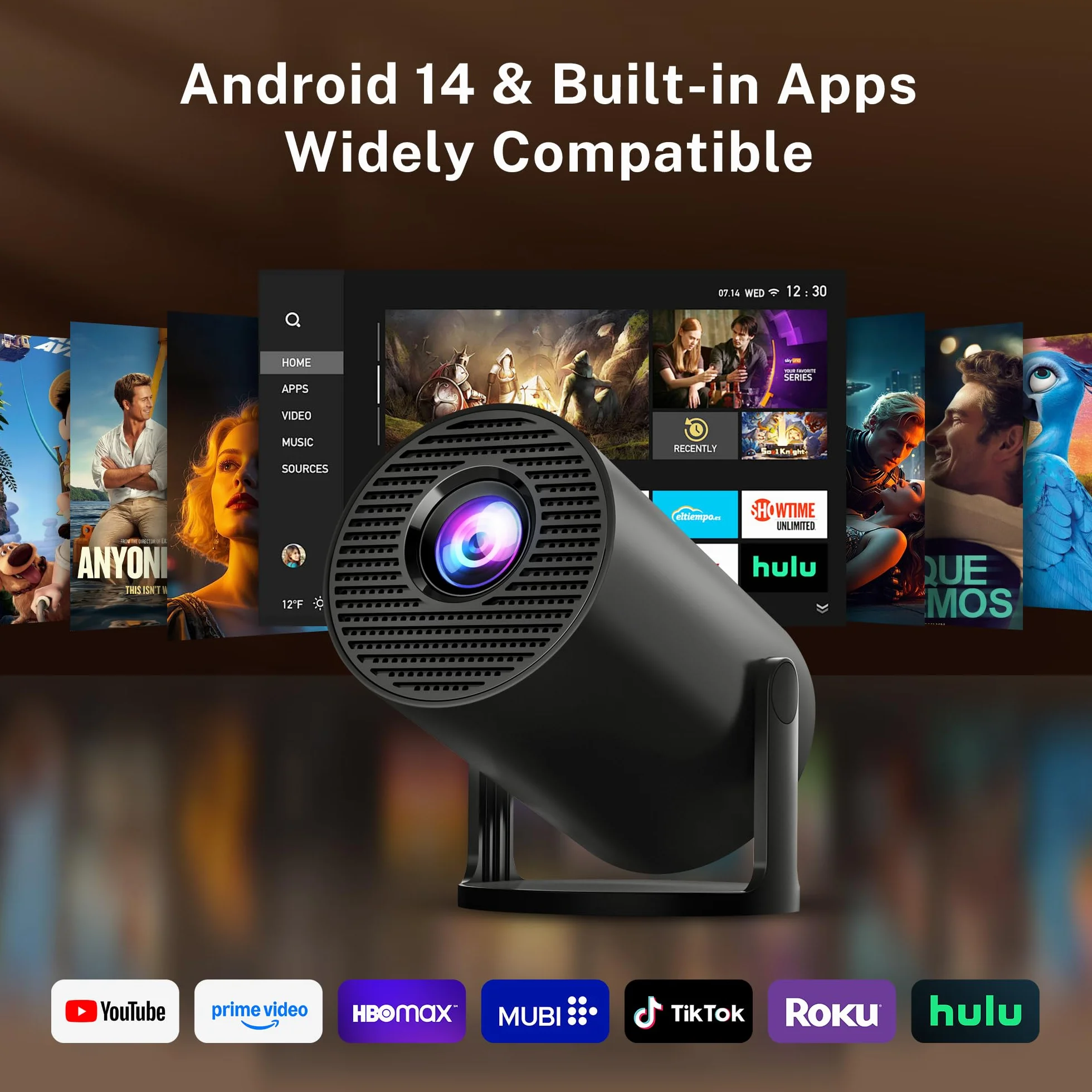 Mini projektor ze zintegrowanym WiFi i Bluetooth, Android 14, 1080P 4K, przenośny projektor z obrotem 180°, wersja HY300pro+ do użytku domowego i zewnętrznego LYNCAST X1