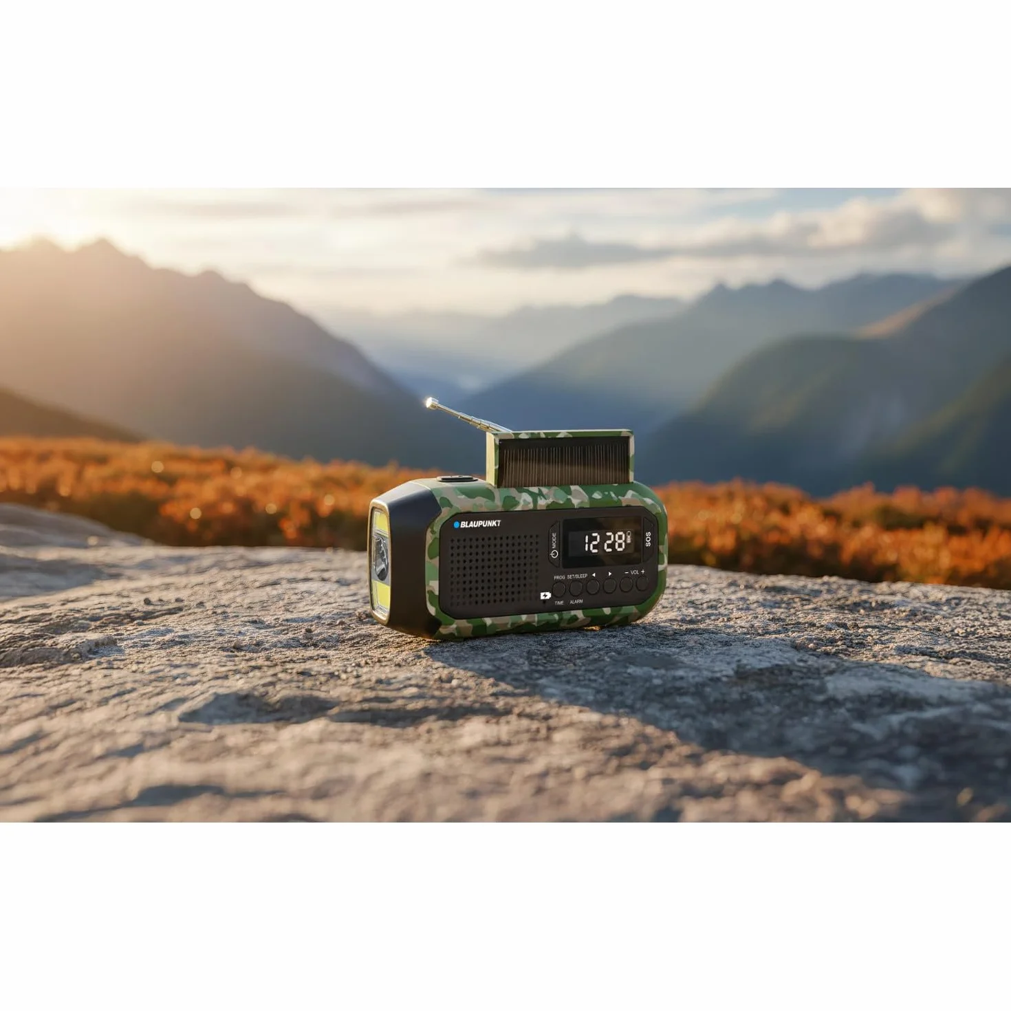 Blaupunkt ER20GC Radio awaryjne zasilane energią słoneczną AM FM Ręczny generator USB C Powerbank Latarka LED Lampa do czytania Alarm SOS Tuner PLL Camping Outdoor Travel Survival Compact 2000 mAh