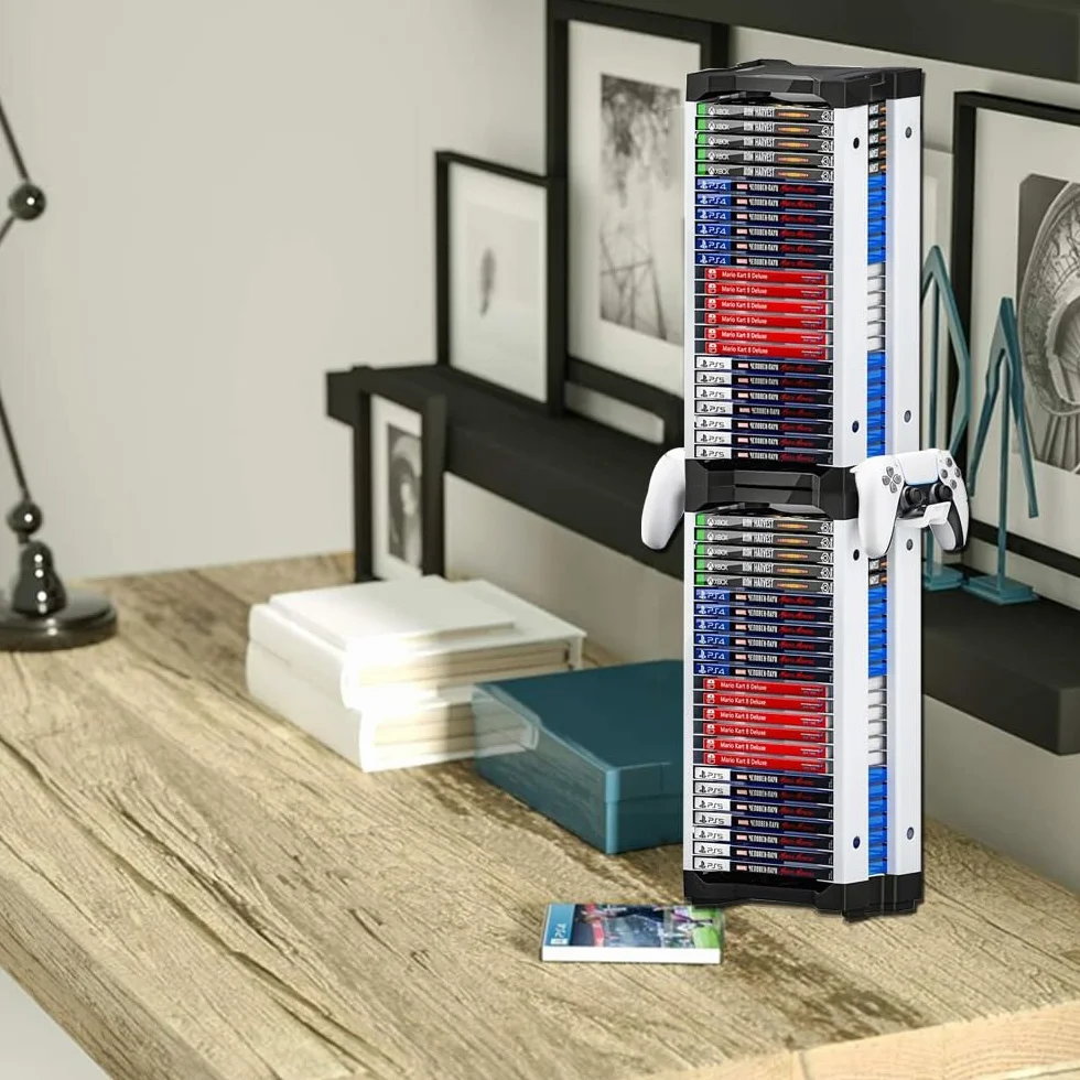 Gry Storage Tower na PS5, regał na płyty do gier wideo na PS4, Xbox Series X, Switch Games i Blu-Ray, pomieści 46 sztuk płyt do gier, łącznie z 2 uchwytami na słuchawki
