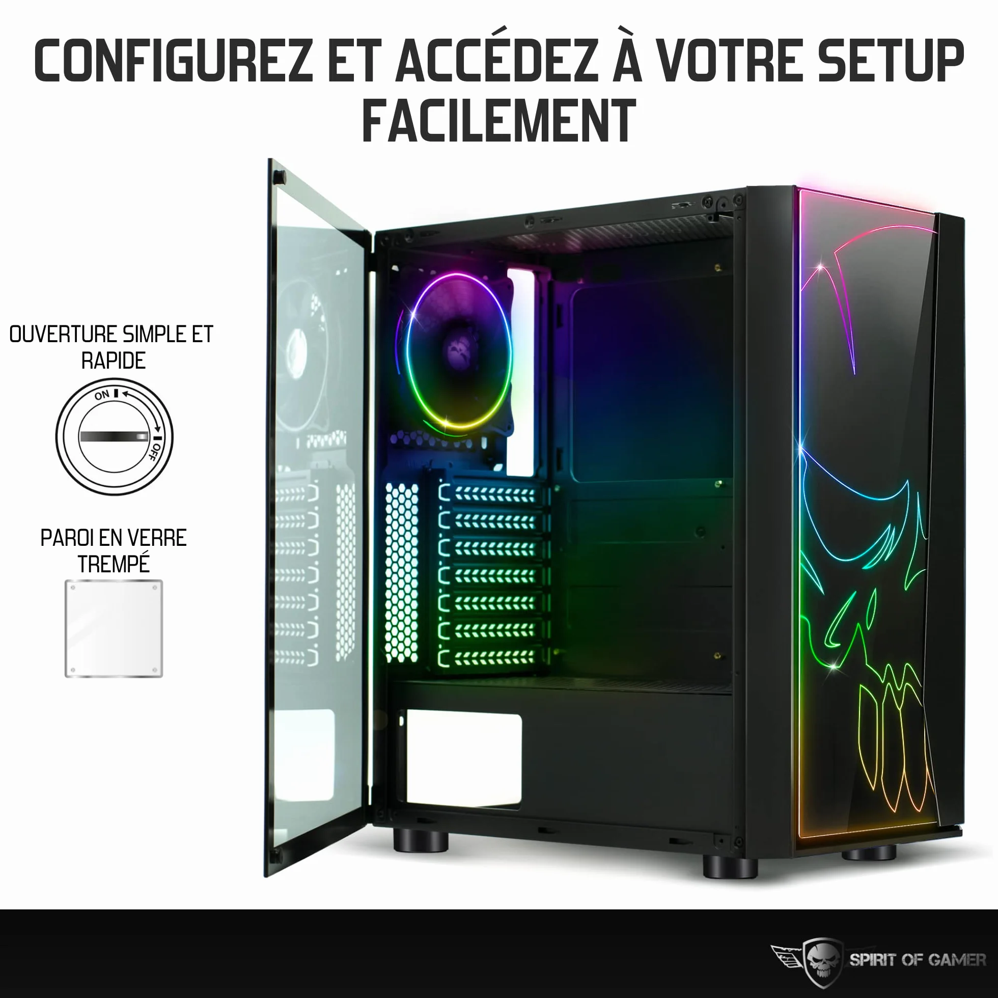 SPIRIT OF GAMER - RGB Ghost One PC PC - Przód i ściana ze szkła hartowanego - 60 trybów podświetlenia - 2 boczne wentylatory 120 mm w zestawie - Kompatybilny z Aura/MSI Mystic/ASROCK