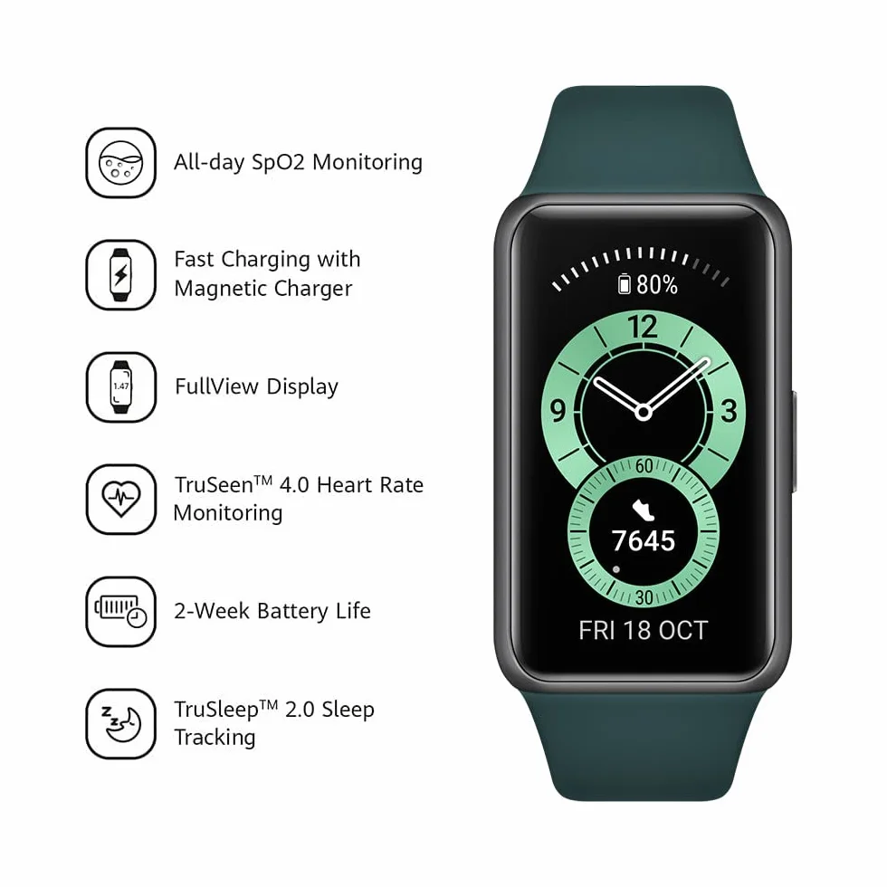 HUAWEI Band 6, wyświetlacz OLED 1,47", 96 trybów treningowych, czas pracy baterii: do 2 tygodni, proaktywny monitoring zdrowia, 5ATM, czujnik SpO2, pomiar tętna, zielony leśny