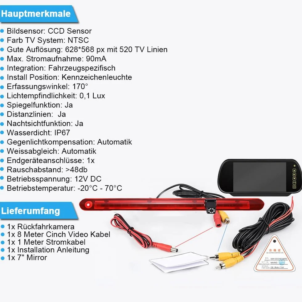 Światło hamowania samochodu, system cofania, światło hamowania, widoczność w nocy, kamera cofania z 8 diodami LED + 7 cali LCD lusterko wsteczne zamiennik do Mercedes Benz Vito W447 furgon Tourer V260