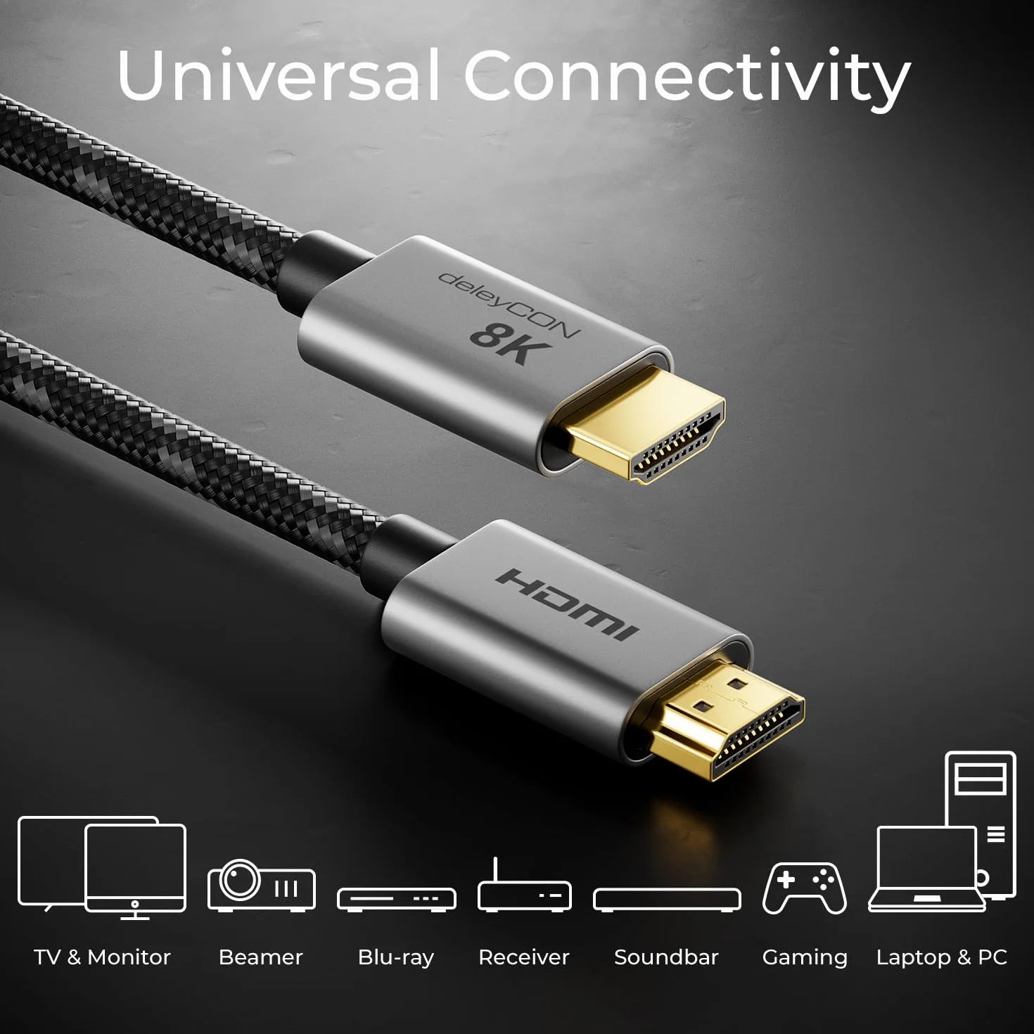 deleyCON Kabel HDMI 2.1 8K 5m - do TV, Monitora, PS4, PS5, Xbox, Soundbara Dolby Atmos, EARC, HDR10+ VRR - 48 Gbps Ultra High Speed - 10K/8K@60Hz, 4K@120Hz/144Hz, 2K@240Hz