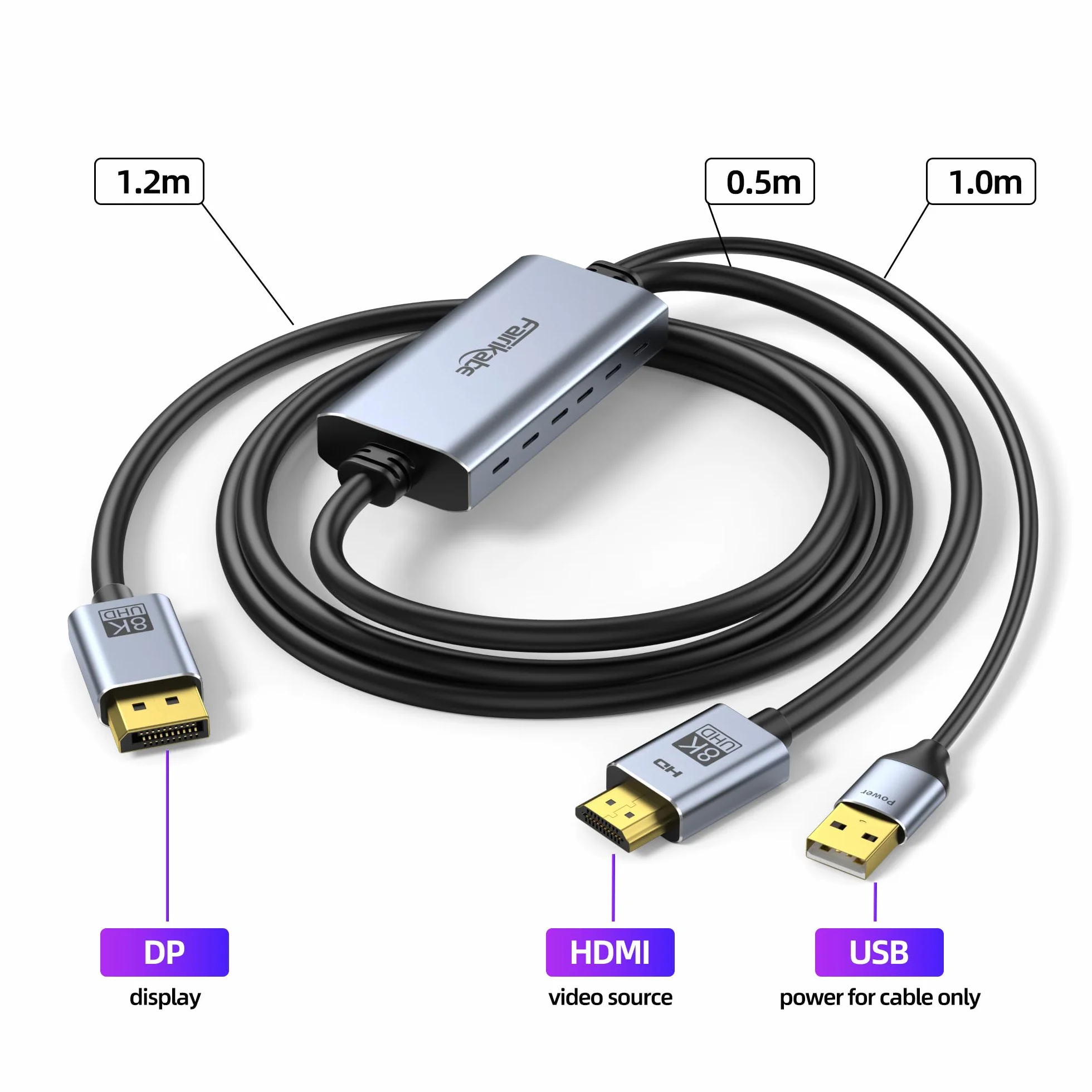 fairikabe kabel adapter HDMI 2.1 do DisplayPort 1.4 4K@144Hz, 1,8 m, kabel aktywny jednokierunkowy HDMI 4K@120Hz/8K do Display Port, kabel monitora 8K, konwerter do komputera PC PS5 Xbox, złącze wtyk