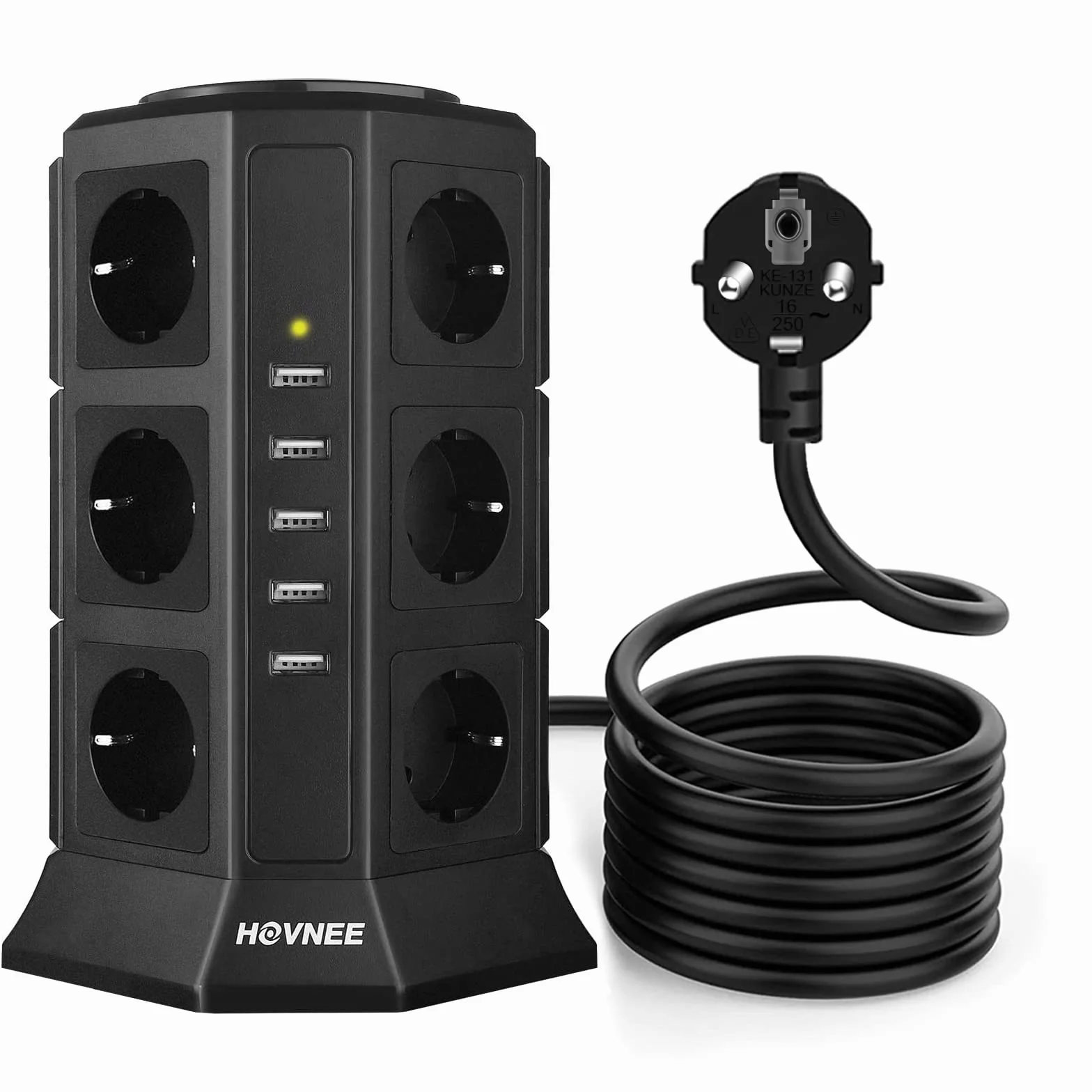 HOVNEE wielogniazdowa listwa zasilająca, 12 gniazd 2500 W/10 A z 5 portami ładowania USB i kablem 5 V/4,5 A o długości 2,0 m, ochroną przed przepięciem i zwarciem, czarna