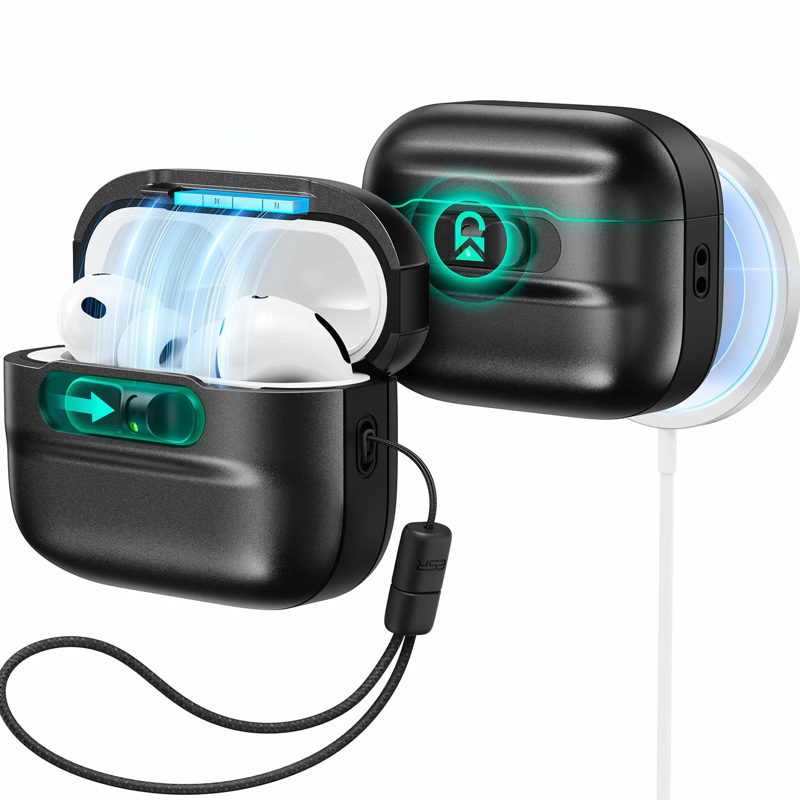 ESR Etui do AirPods Pro 3 (kabel USB-C), kompatybilne z AirPods Pro 3. generacji (2025), gotowe do MagSafe, pełna ochrona przed upadkiem ze smyczą, czarne