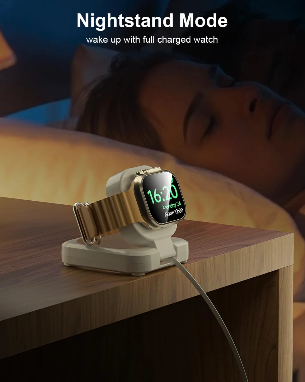 Magnetyczna stacja ładująca Apple Watch, 5 W, bezprzewodowa, szybka ładowarka iWatch z kablem USB C, tryb nocny, do Apple Watch Ultra 2/10/9/8/7/6/SE/SE2/5/4/3/2, przenośny, podróżny, chowany, biały