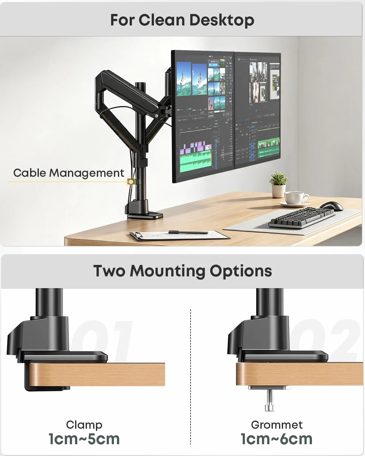 Podwójne ramię do monitorów 17-40 cali, gazowe, pełny ruch | Ergonomiczny design, precyzyjne ustawienie, stabilny & solidny, oszczędność miejsca, 12 kg na ramię, VESA 75/100, Czarny