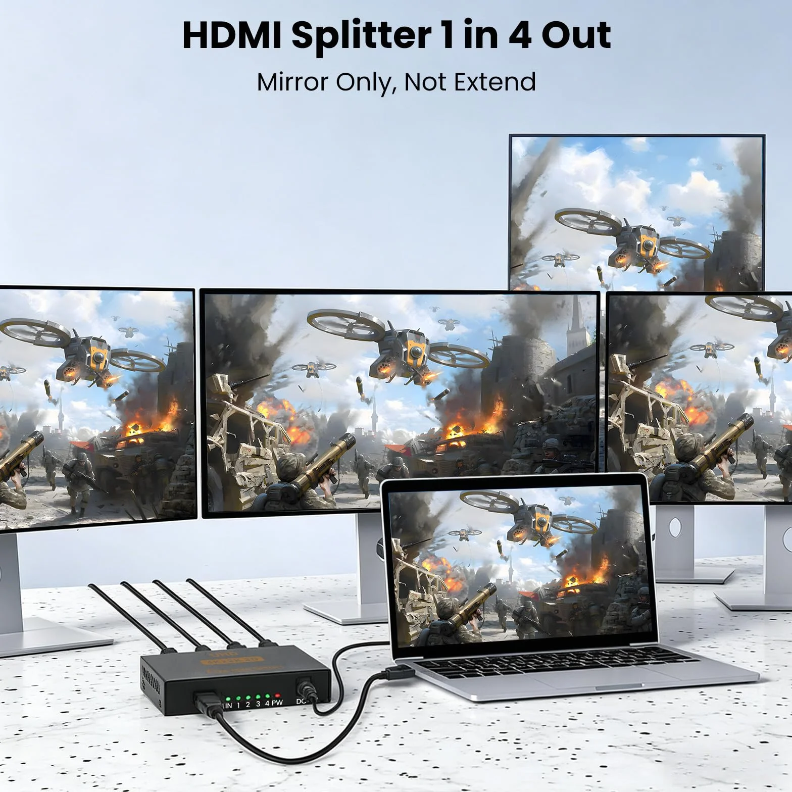 Rozdzielacz 4K HDMI 1 w 4 out, jednocześnie HDMI Splitter 4 monitory, lustrzany rozdzielacz HDMI 1 w 4 out, obsługuje 4K UHD HDCP1.4 3D 1080P Full HD transmisja długodystansowa z zasilaczem DC