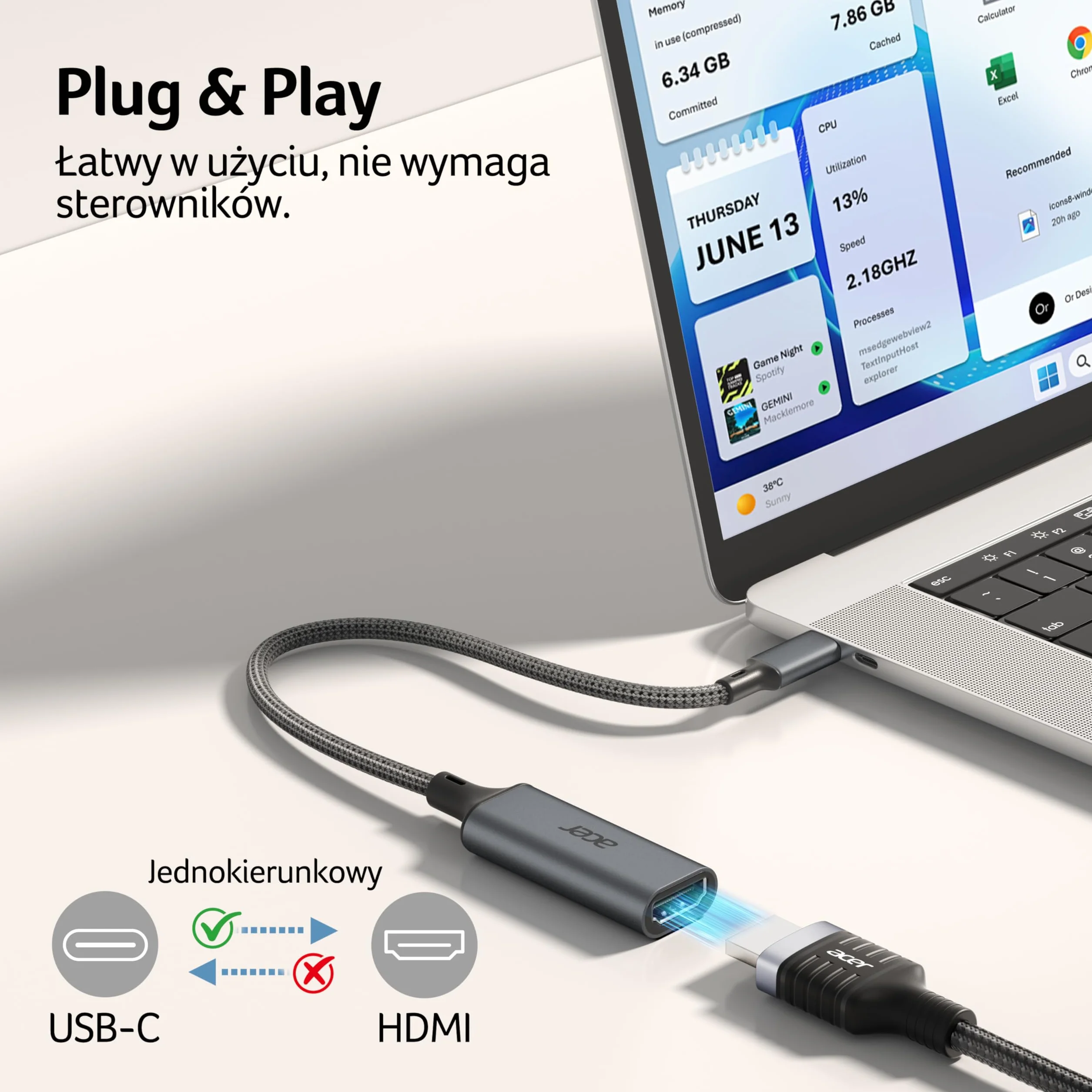 Acer Adapter USB C do HDMI 4K@60Hz, Adapter Typu C HDMI HDR, Thunderbolt 5/4/3 Kompatybilny z Monitorem, MacBookiem Pro Air, iMacem, Serią iPhone 17, iPadem Pro Air, Galaxy S26, laptopem, XPS itp.
