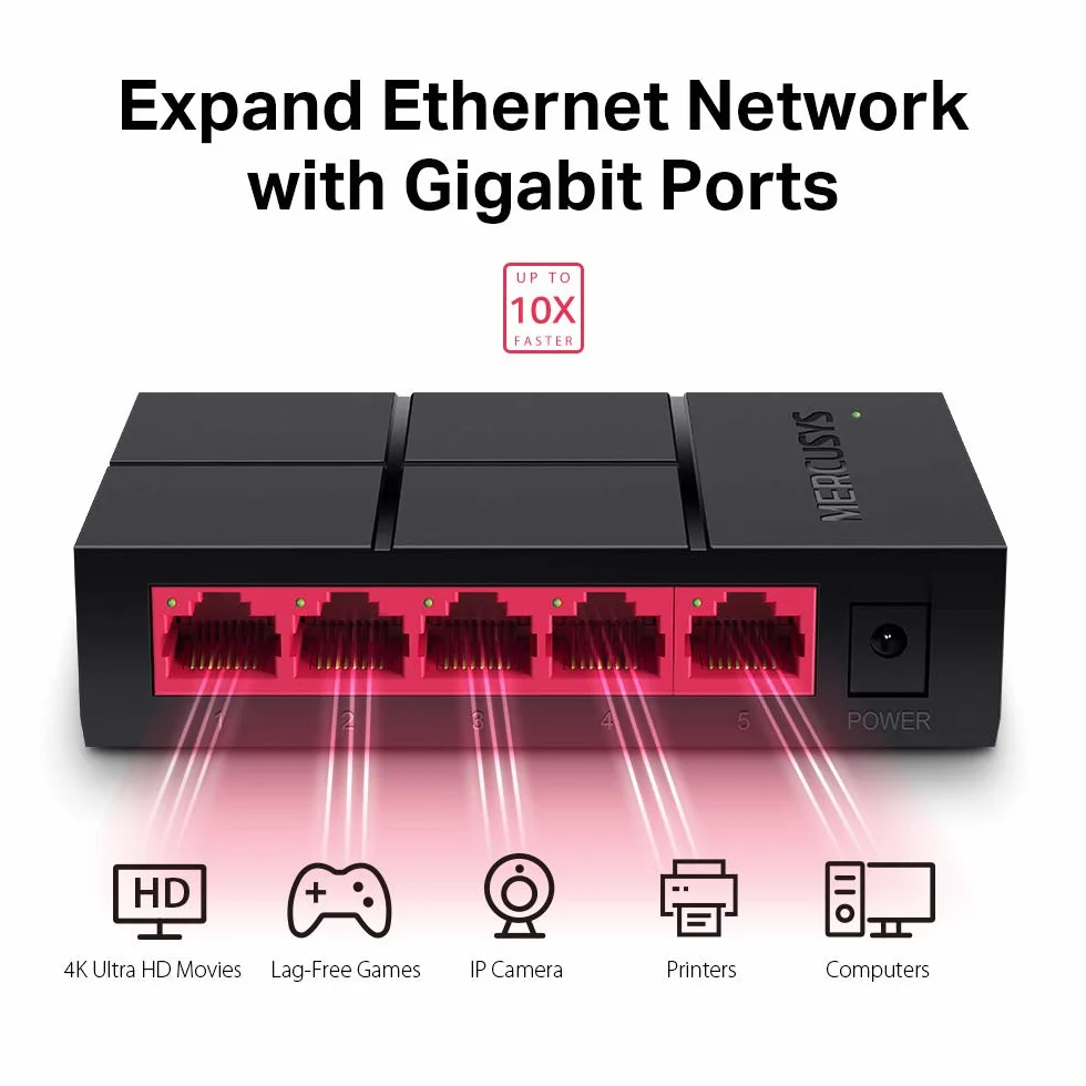 MERCUSYS MS105G – 5-portowy gigabitowy switch biurkowy, metalowa obudowa, Plug & Play, bez wentylatora, energooszczędny – do domu i małego biura