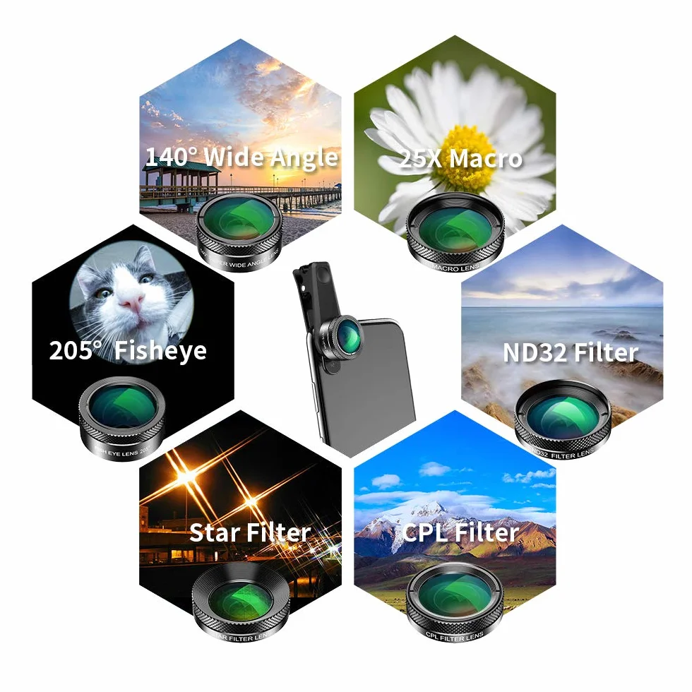 APEXEL Zestaw obiektywów do telefonu 6 w 1, super obiektyw typu rybie oko 205° + obiektyw szerokokątny 140° HD i 25x obiektyw makro + filtr 6-gwiazdkowy + filtr CPL+ND 32