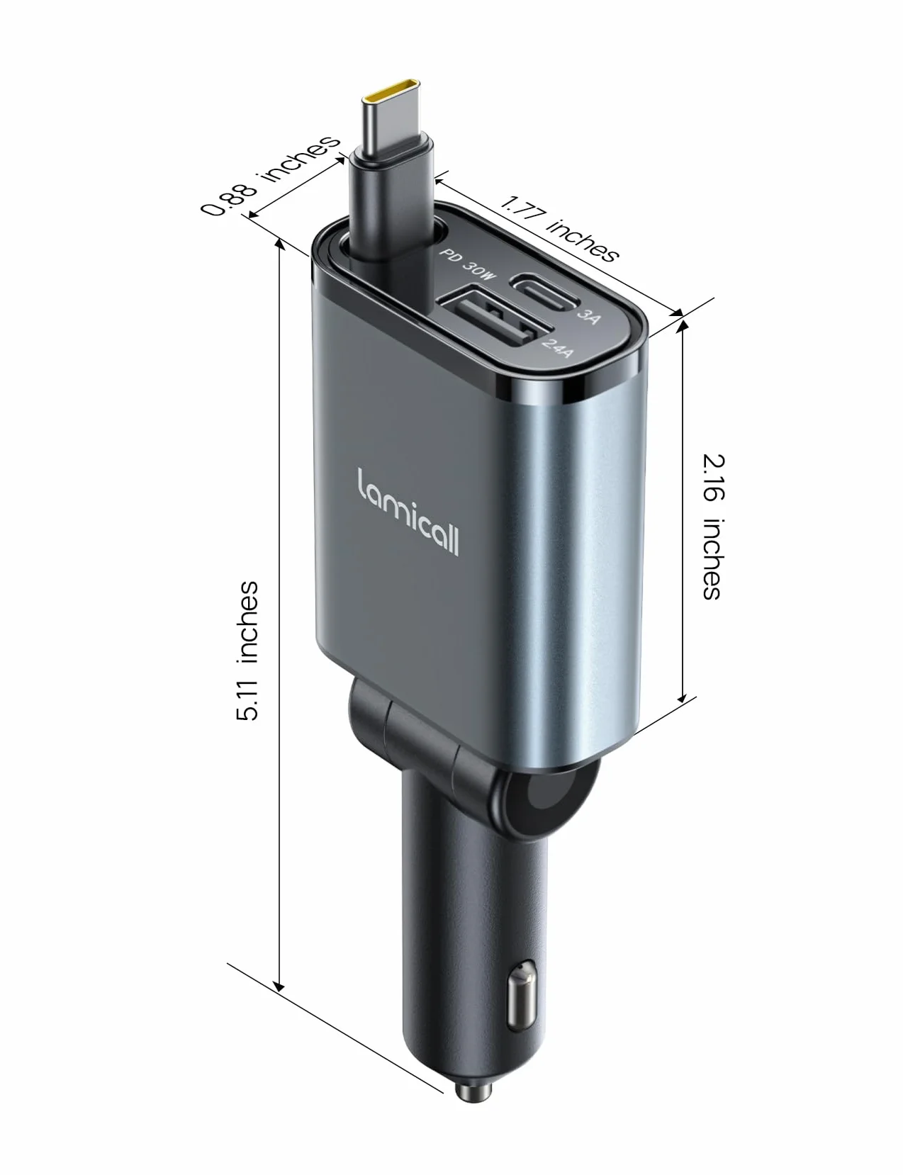 Lamicall Wysuwany adapter ładowarki samochodowej 50 W, 3 w 1 z wysuwanym kablem USB
