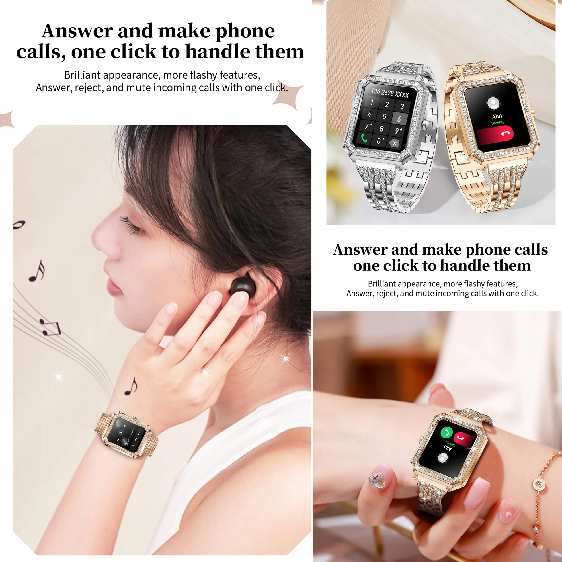 Smartwatch Inteligentny Zegarek Pani z Połączeniami, 1,59" Wodoodporny Smart Watch Sportowy Krokometr Pulsometr Ciśnienie Krwi Bransoletka Aktywność Cyfrowy Zegarek dla IOS Android (srebrny)