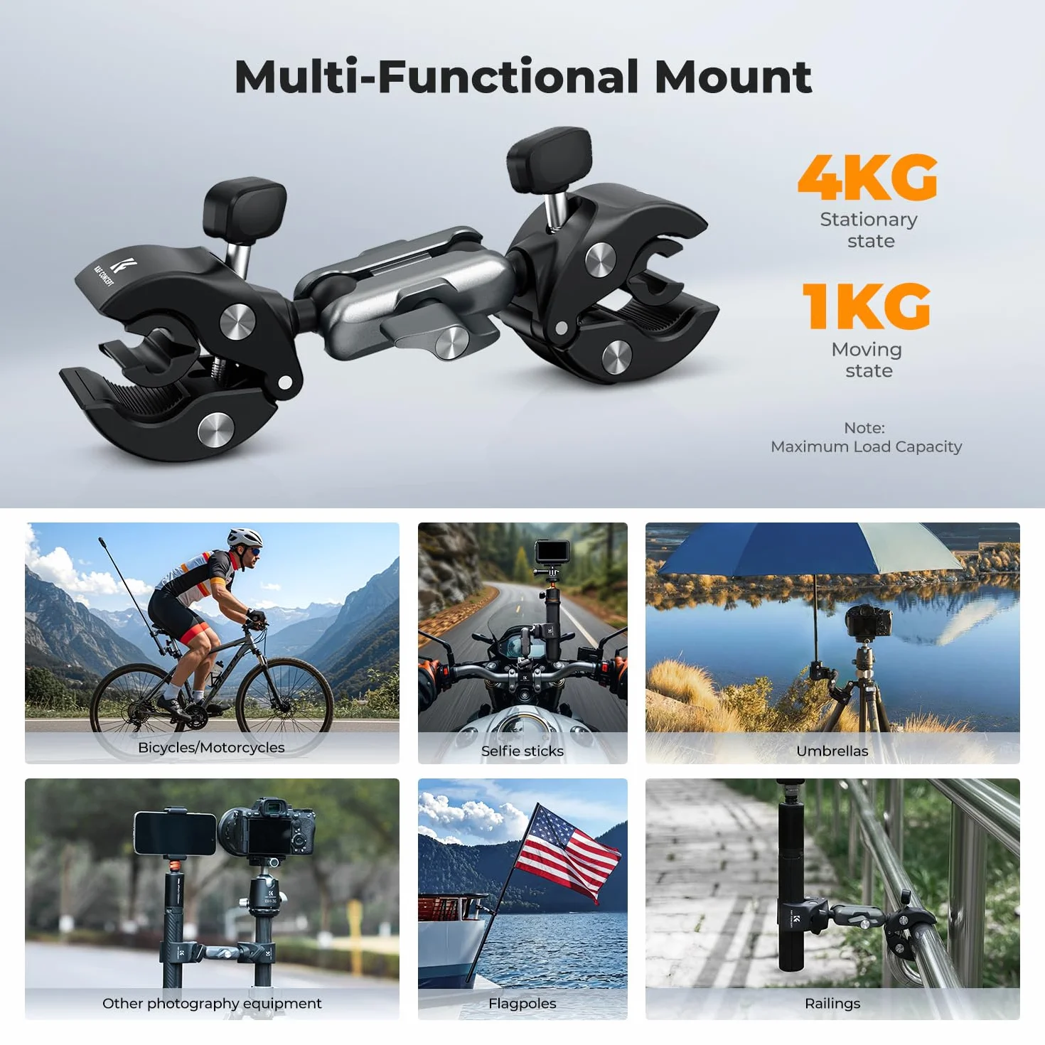Uchwyt motocyklowy/rowerowy K&F CONCEPT z dwoma głowicami, z dwoma zaciskami Super Clamps, regulowanym ramieniem Magic Arm 360° z adapterem do kamery sportowej i adapterem 1/4", pręt przedłużający nie