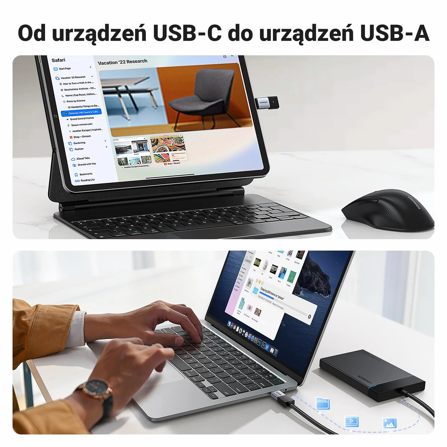 UGREEN Przejściówka USB C na USB A OTG 2 szt. USB C męski na USB 3.0 żeński Szary