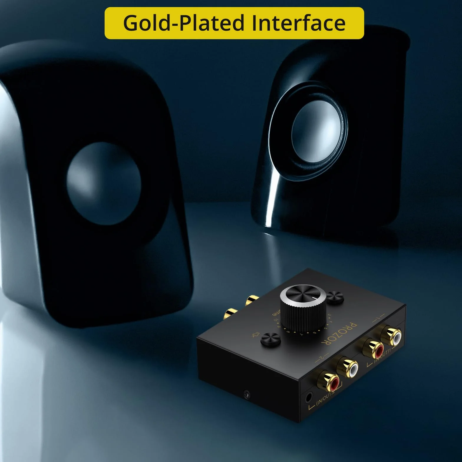 PROZOR Przełącznik audio stereo 3,5 mm i RCA – 2 (1)-In-1 (2)-Out rozdzielacz AUX L/R RCA dwukierunkowy przełącznik selektora, regulacja głośności i przycisk wyciszenia, pasywny konwerter do głośników