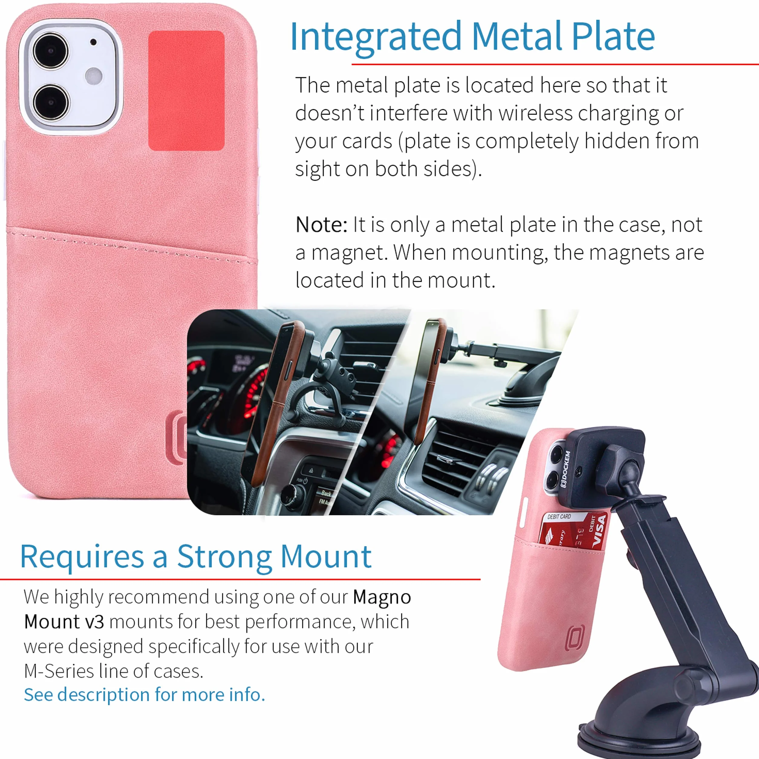 Dockem Etui portfelowe na iPhone 12 mini, wbudowana metalowa płytka magnetyczna, 1 uchwyt na kartę, 13.7 cm, gładka skóra syntetyczna różowy