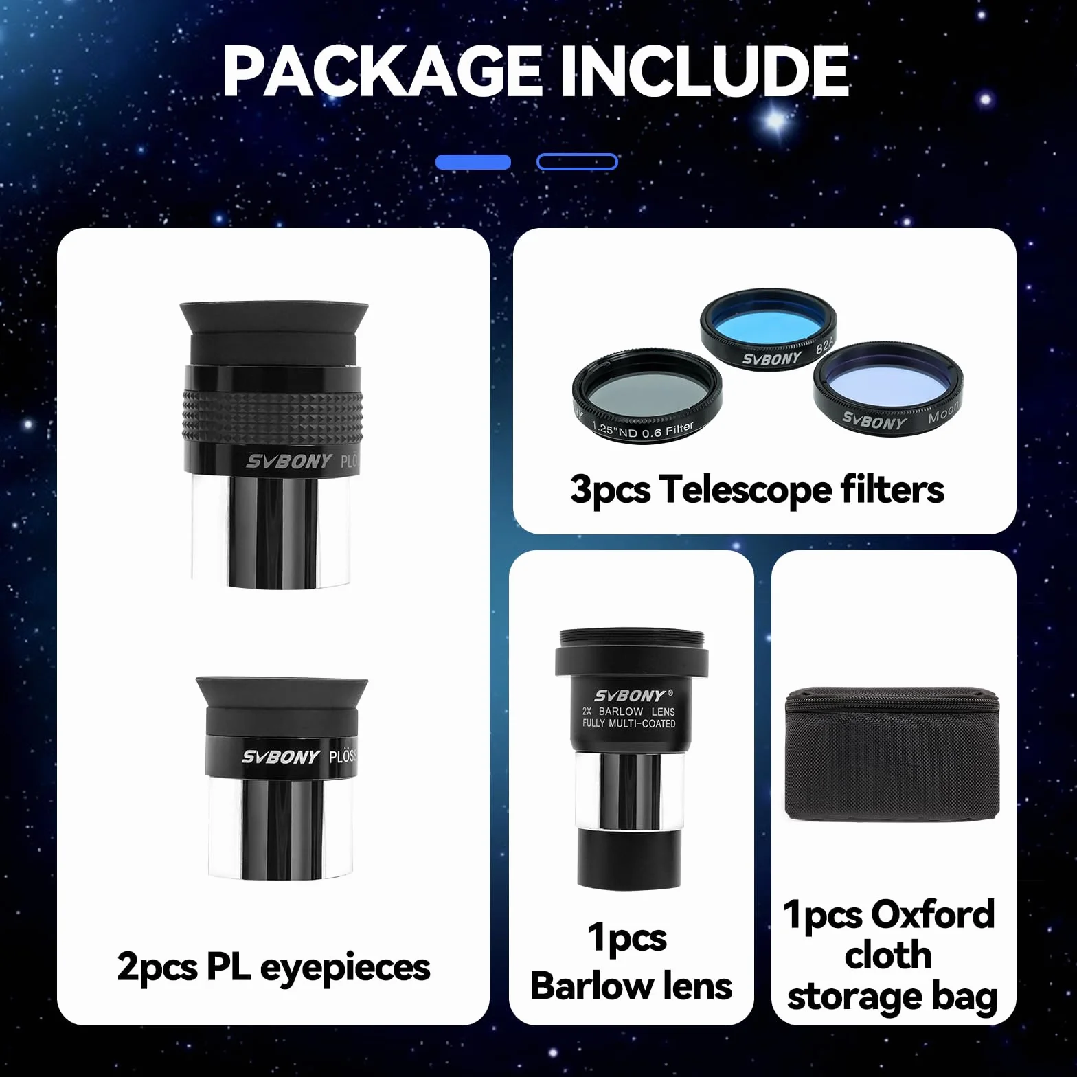 Svbony SV233 Zestaw Akcesoriów do Teleskopu Astronomicznego | Okular 6 mm, 17 mm PLOSSL, 2 Soczewki Barlowa, Filtr Księżycowy, Filtr ND4, Filtr Kolorowy 82A, z Przenośną Torbą