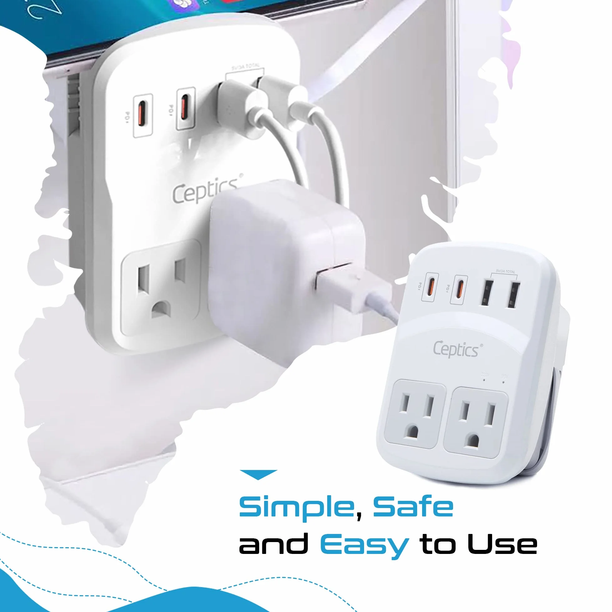 Ceptics World Travel Adapter Kit 2 USB-A, USB-C US Outlets, 20W/QC 18W Power Delivery, Surge Protection, SWADAPT Compatible for Europe, UK, China, Australia, Japan Perfect Laptop (WPS-5B)