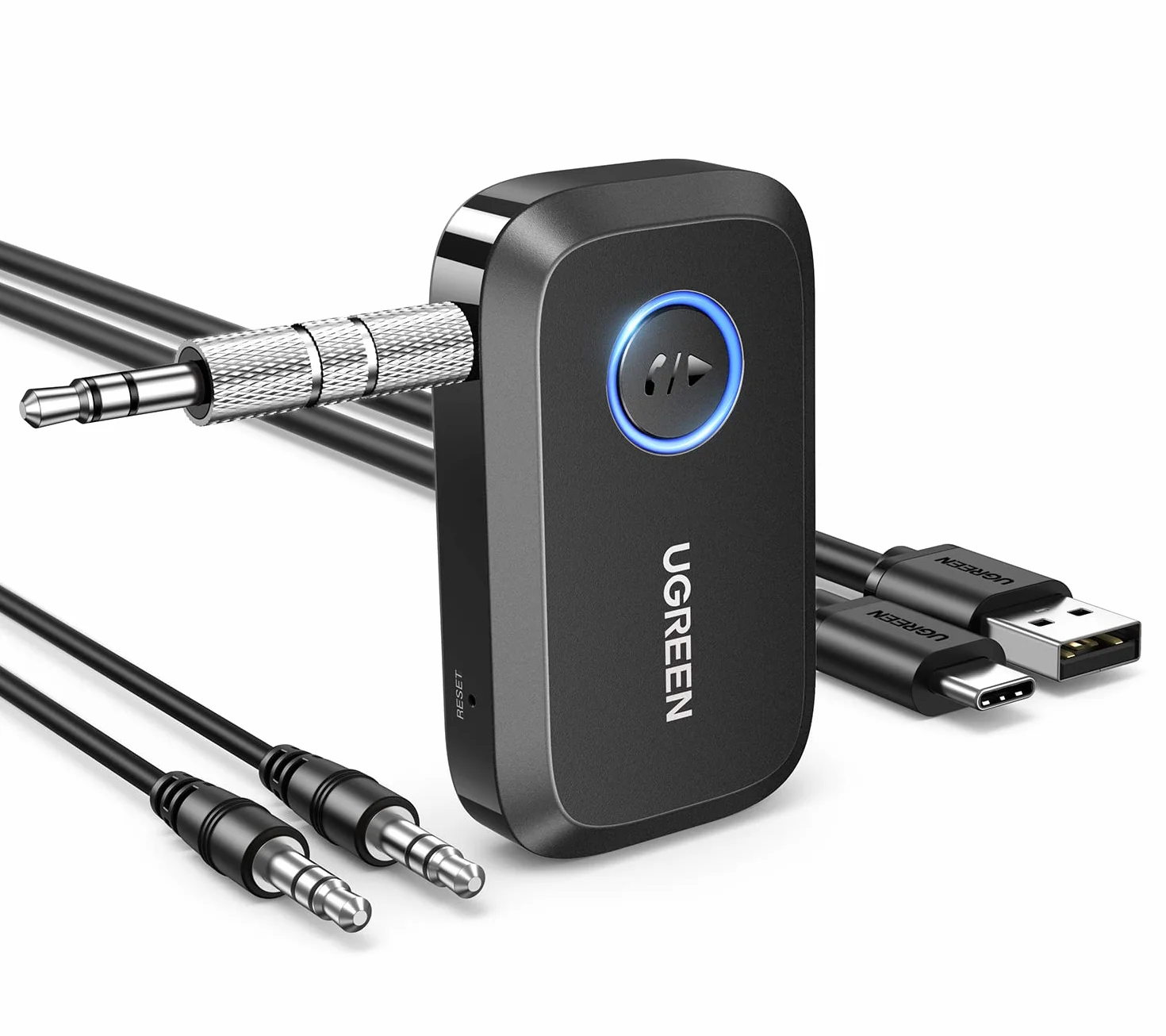 UGREEN Adapter Bluetooth 6.0 Samochodowy z Gniazdem AUX 3.5 mm i Mikrofonem Głośnomówiący Czarny