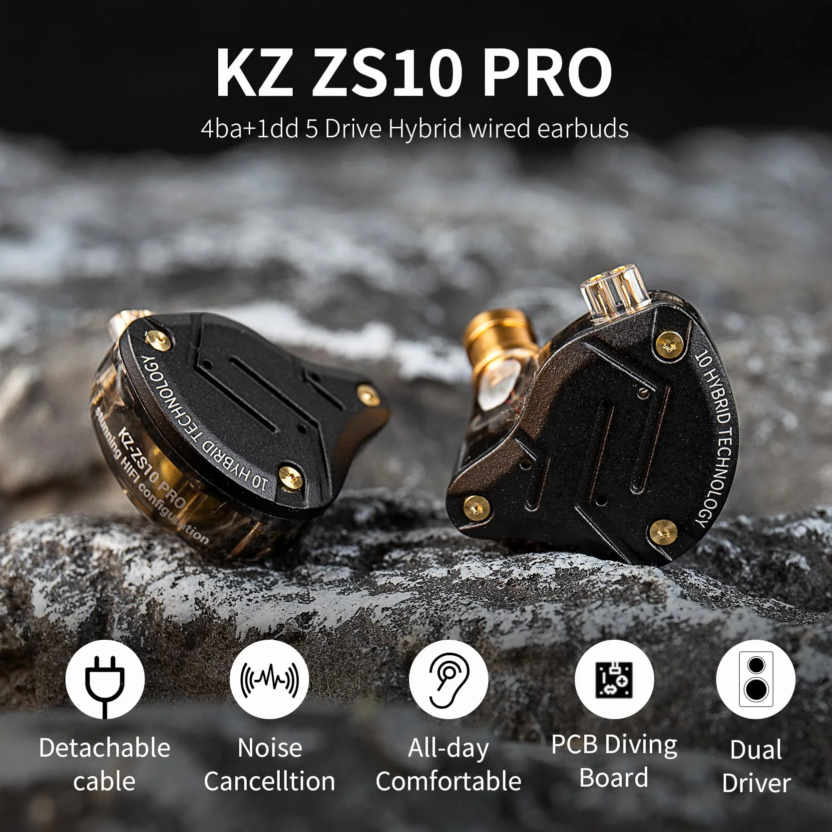 KINBOOFI KZ ZS10 Pro słuchawki douszne do monitorowania, słuchawki HiFi KZ ze sterownikami 4BA i 1DD, ulepszone ZS10 Pro z odłączanym kablem 0,75 mm 2-pinowym 6N OFC (z mikrofonem, czarne)